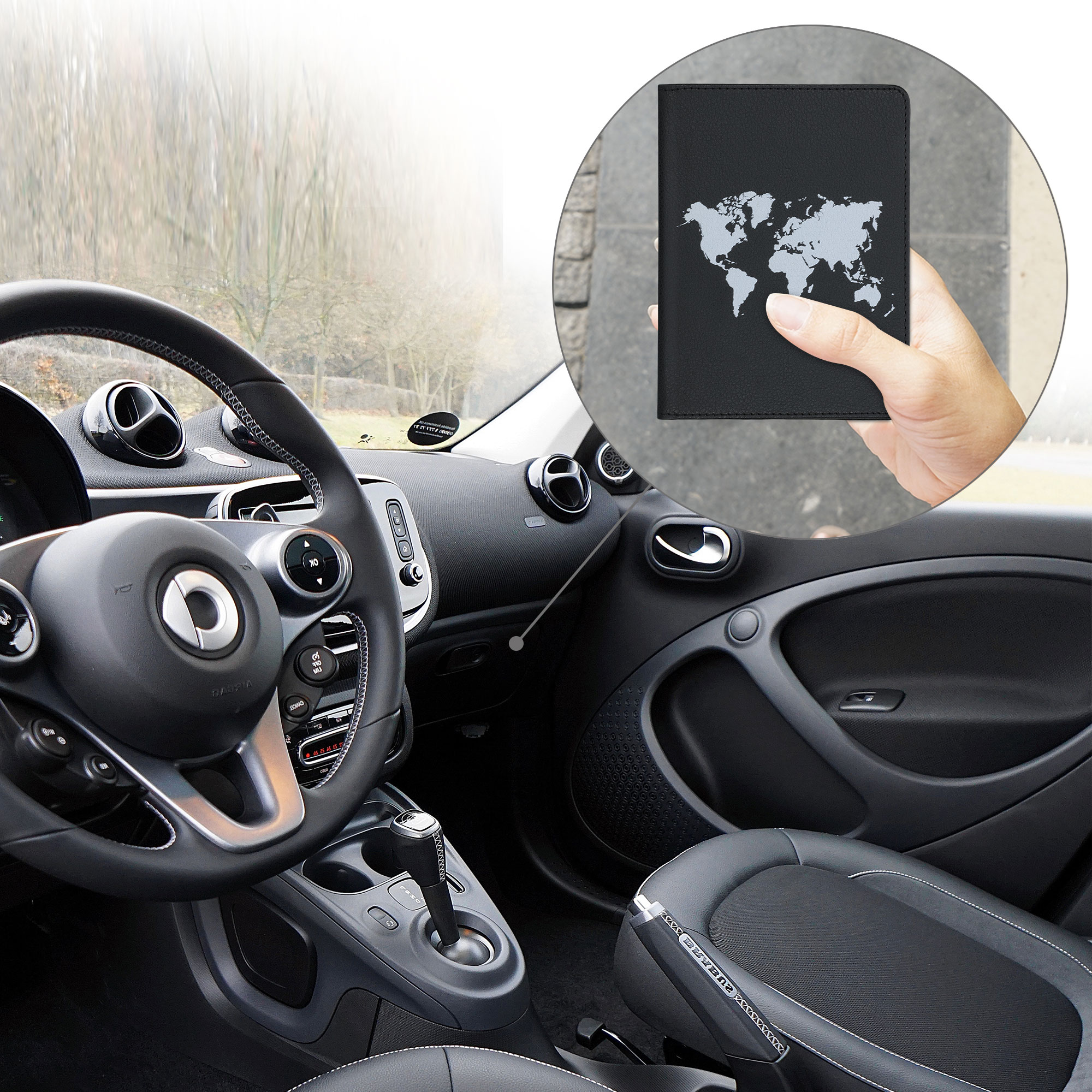 Obal na doklady od auta kwmobile PU kůže - cestovní obrysy bílá / černá