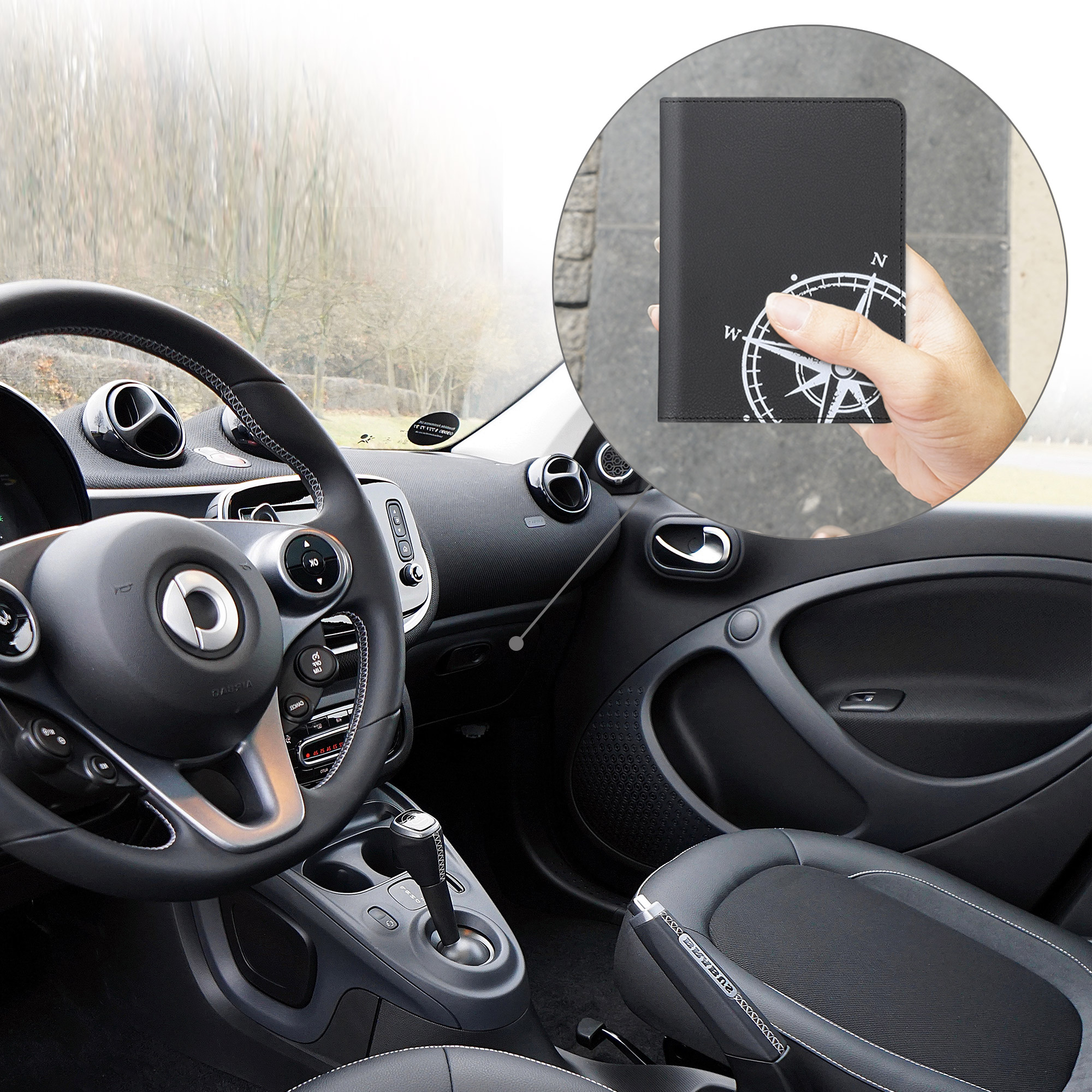 Obal na doklady od auta kwmobile PU kůže - kompas bílá / černá