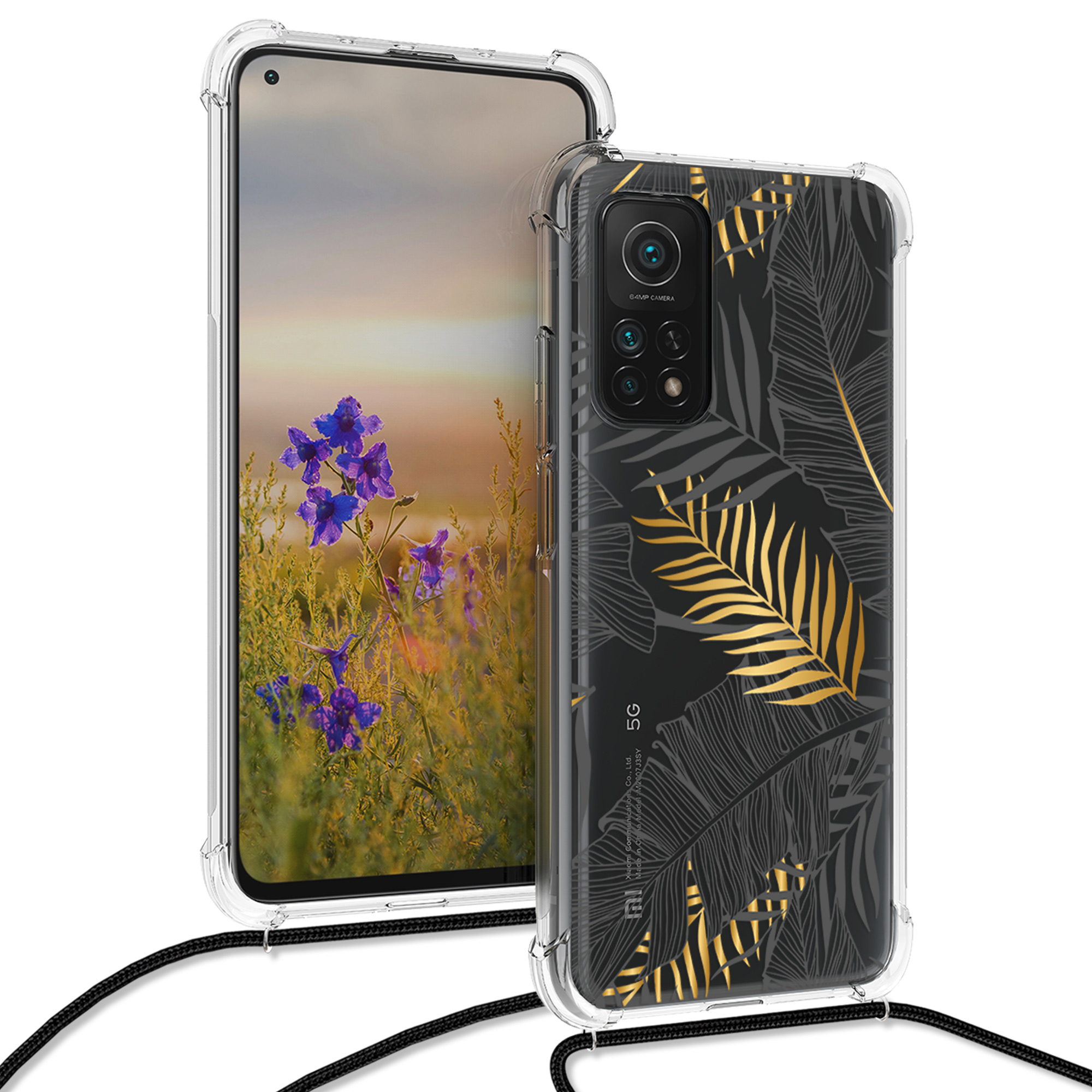 Crossbody kryt kwmobile Xiaomi Mi 10T / Mi 10T Pro, zlaté palmové listy / šedá / transparentní