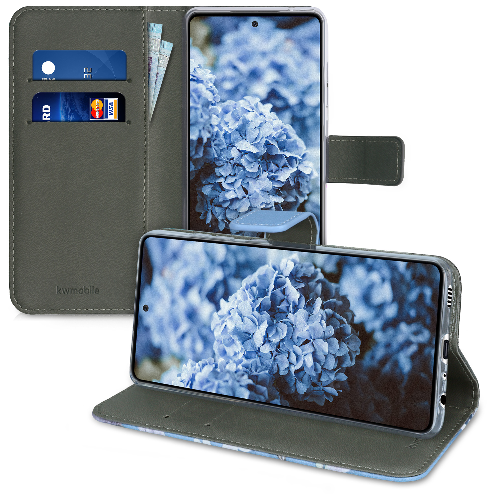 Wallet pouzdro peněženka Samsung Galaxy A52 / A52 5G / A52s 5G kwmobile Magnolias Magnolias - taupe / bílá / modrošedá