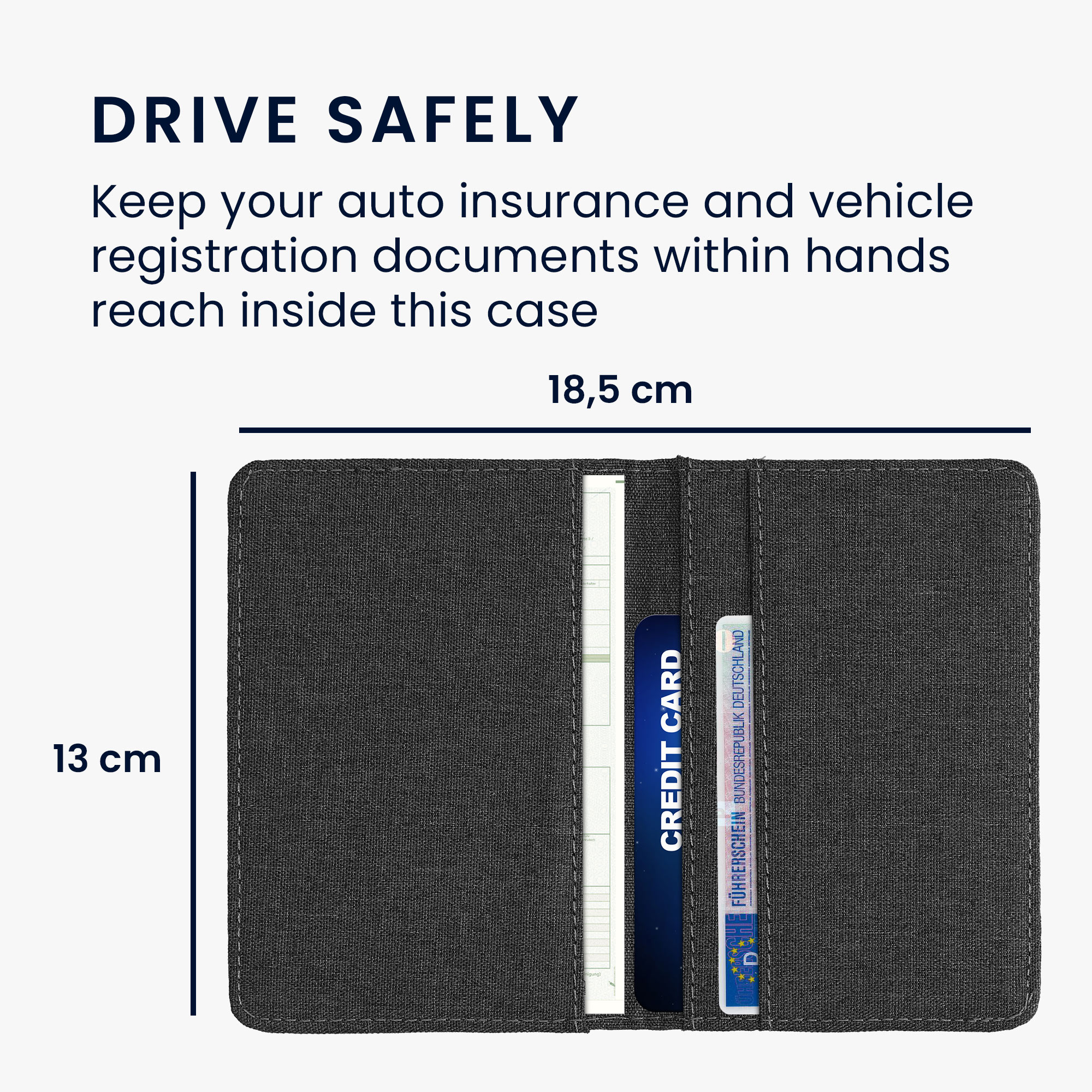 Obal na doklady od auta kwmobile textilní povrch - 12 × 17,5 cm otevřené / 9,2 × 13 cm složené - tmavě šedá