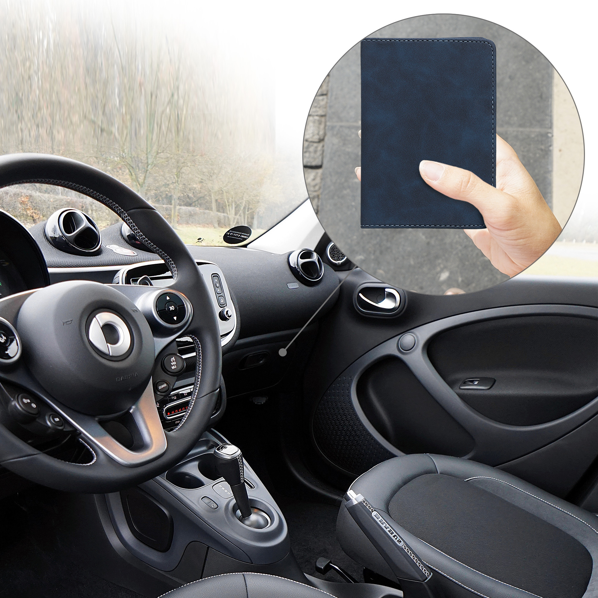 Pouzdro na doklady a karty do auta kwmobile nubukové - tmavě modrá