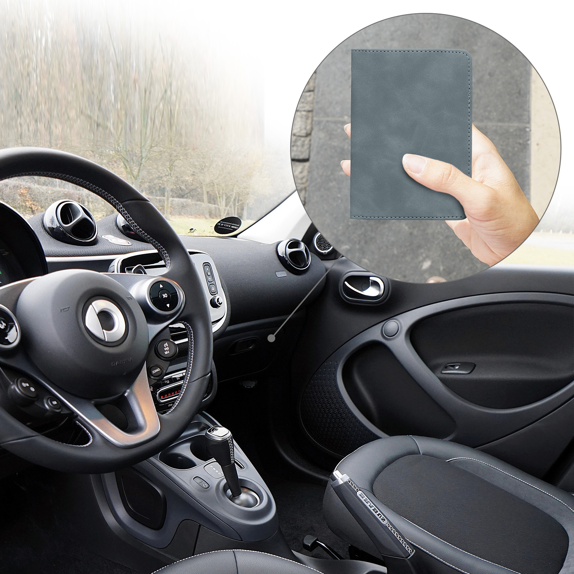 Pouzdro na doklady a karty do auta kwmobile nubukové - šedá