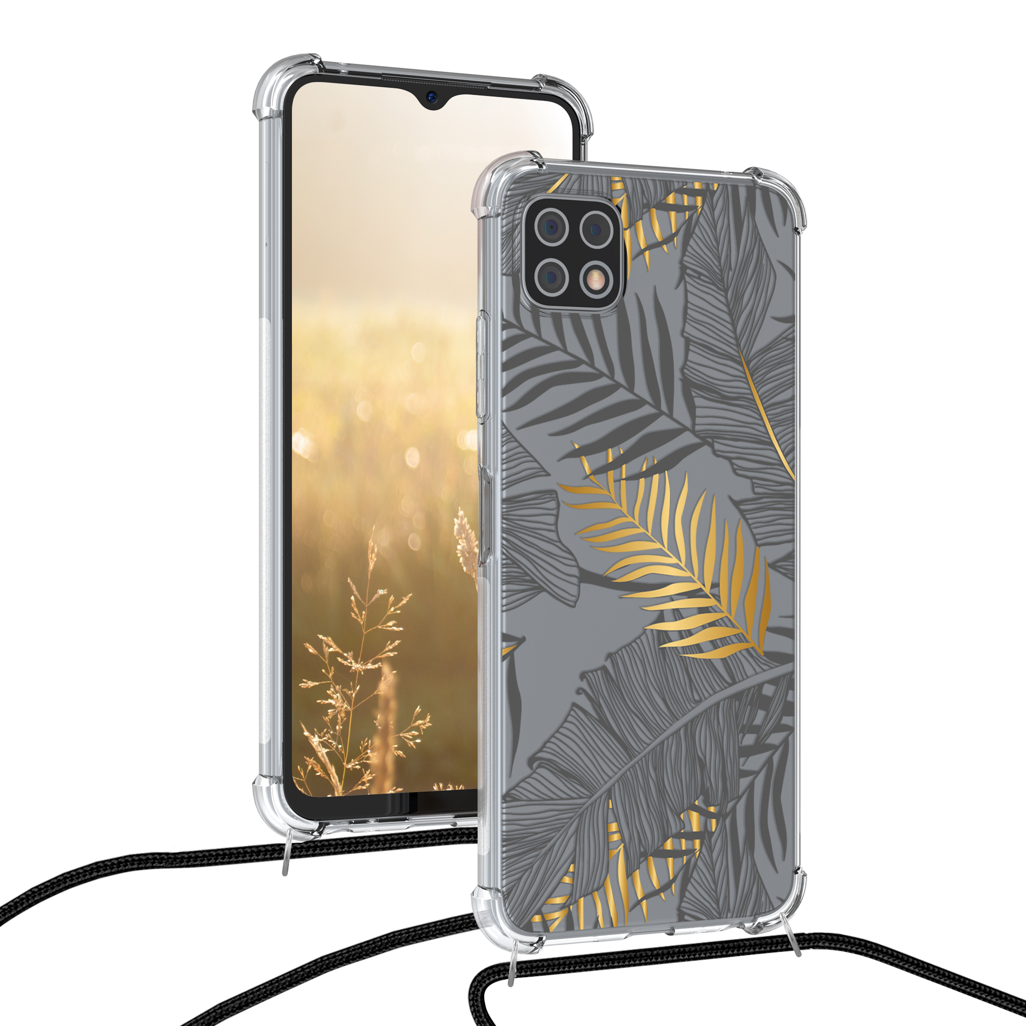 Crossbody kryt na mobil Samsung Galaxy A22 5G kwmobile se šňůrkou Palm Leaves - zlatá