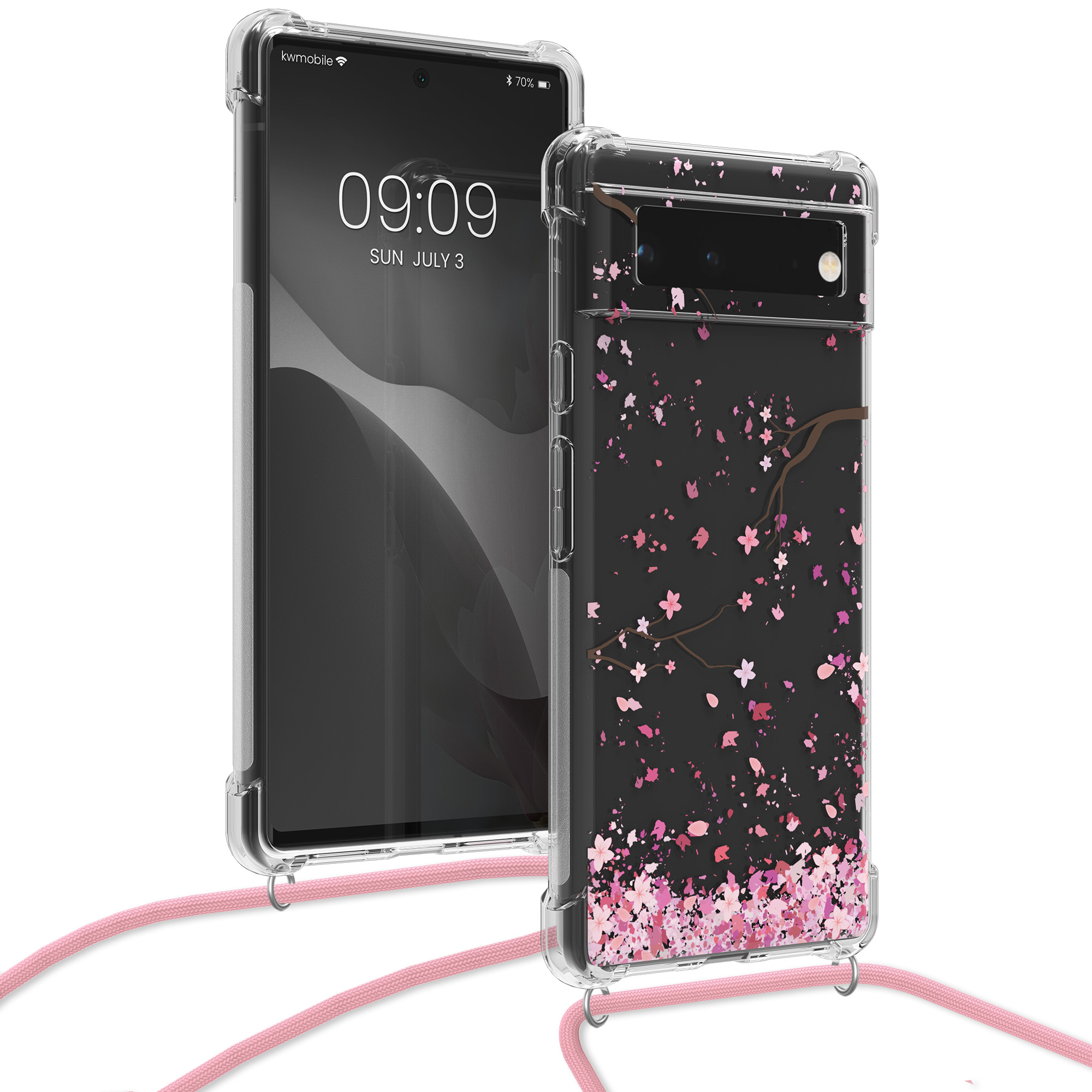 Crossbody kryt kwmobile pro Google Pixel 6 - třešňové květy růžová / tmavě hnědá / transparentní