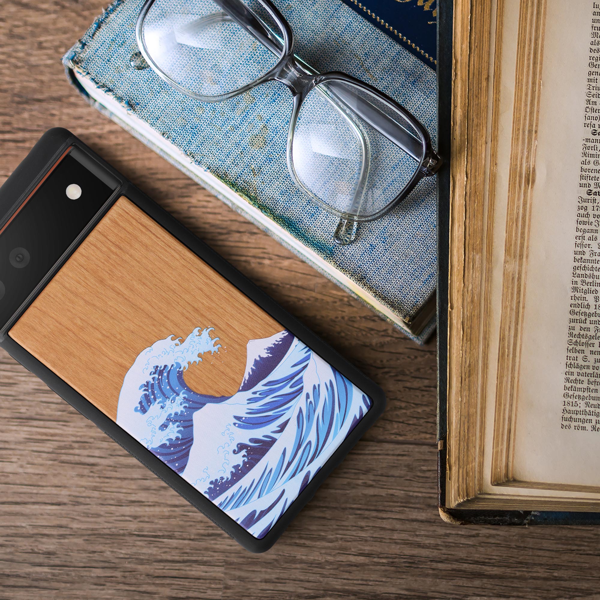 Dřevěné pouzdro pro Google Pixel 6 kwmobile - tvrdý obal modrá / bílá / hnědá