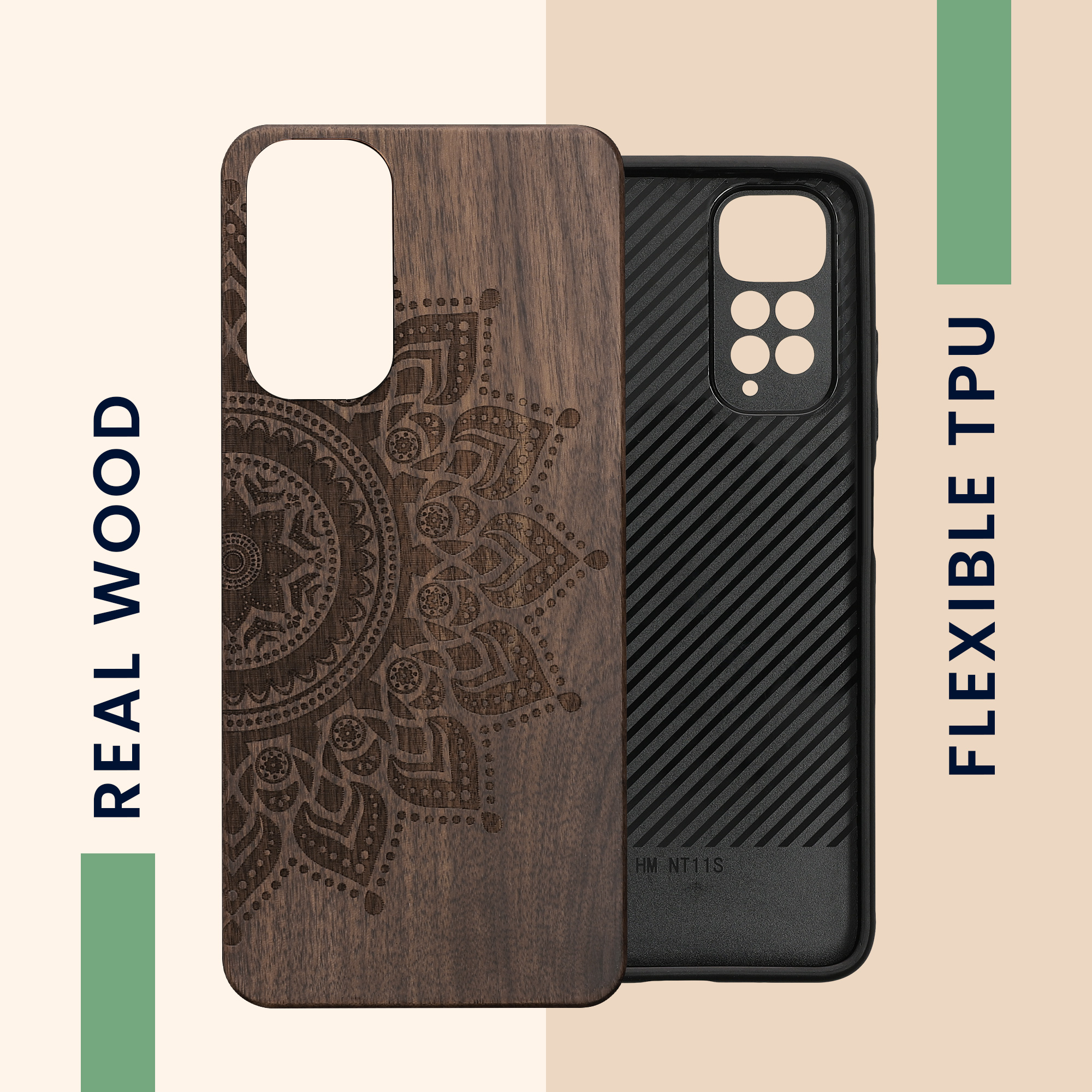 Dřevěný kryt Xiaomi Redmi Note 11 TPU vanička, tmavě hnědý kwmobile