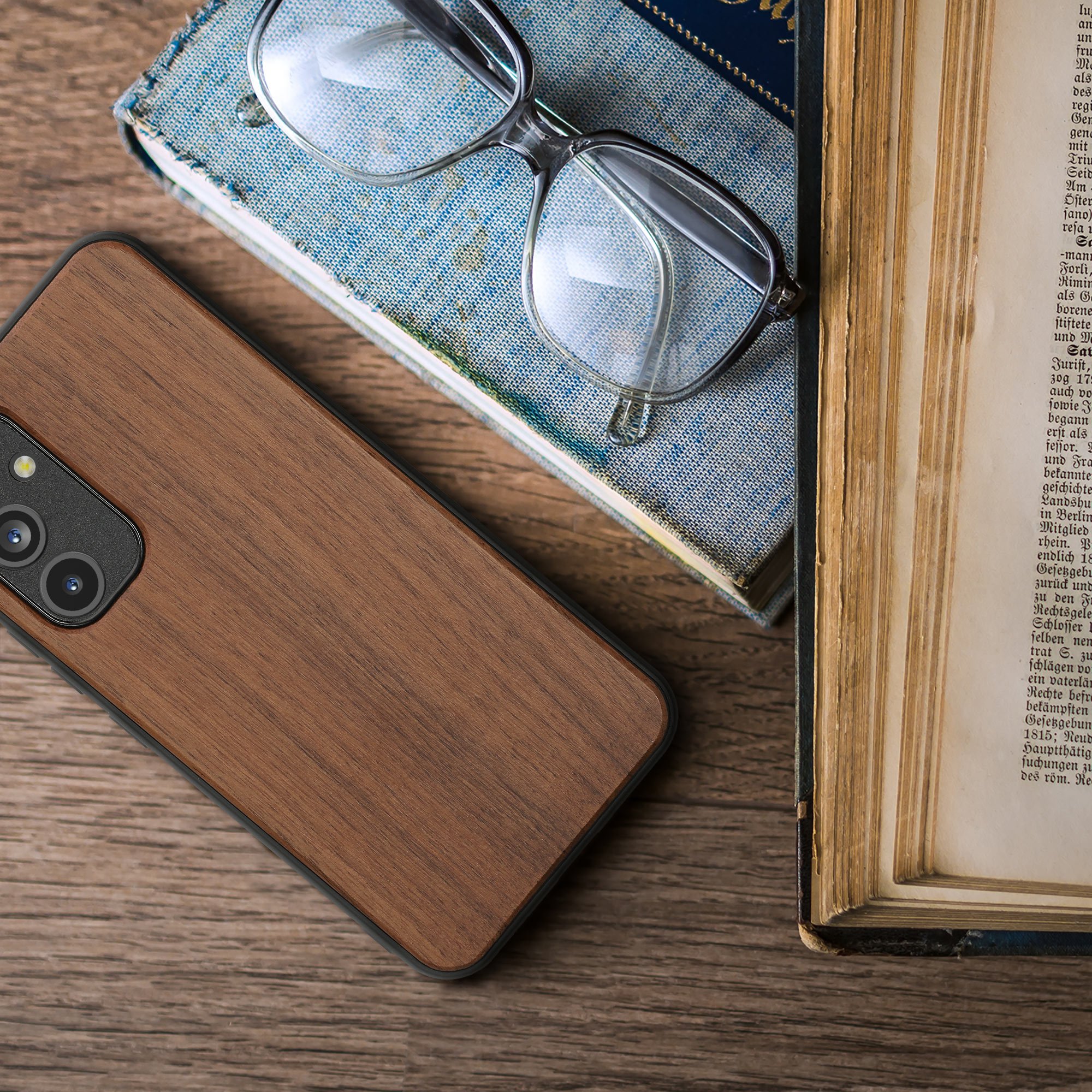 Dřevěný kryt pro Samsung Galaxy A54 5G s nárazuvzdorným TPU rámečkem kwmobile ‑ tmavě hnědá