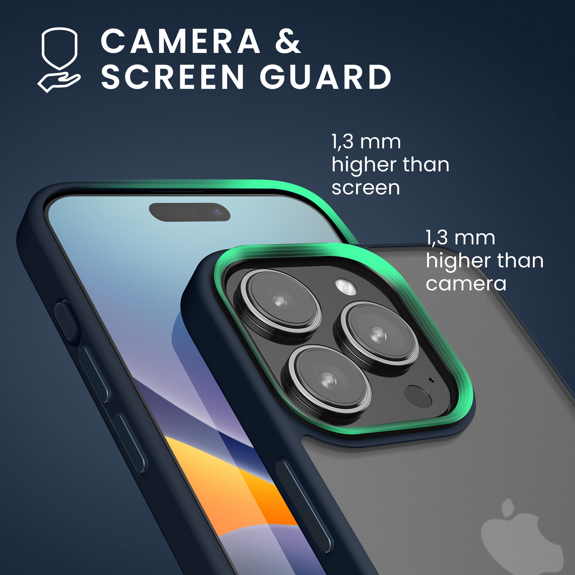 Matně čirý kryt pro Apple iPhone 15 Pro s ochranou displeje, nárazuvzdorný TPU silikonový rámeček kwmobile ‑ tmavě modrá / matně čirá