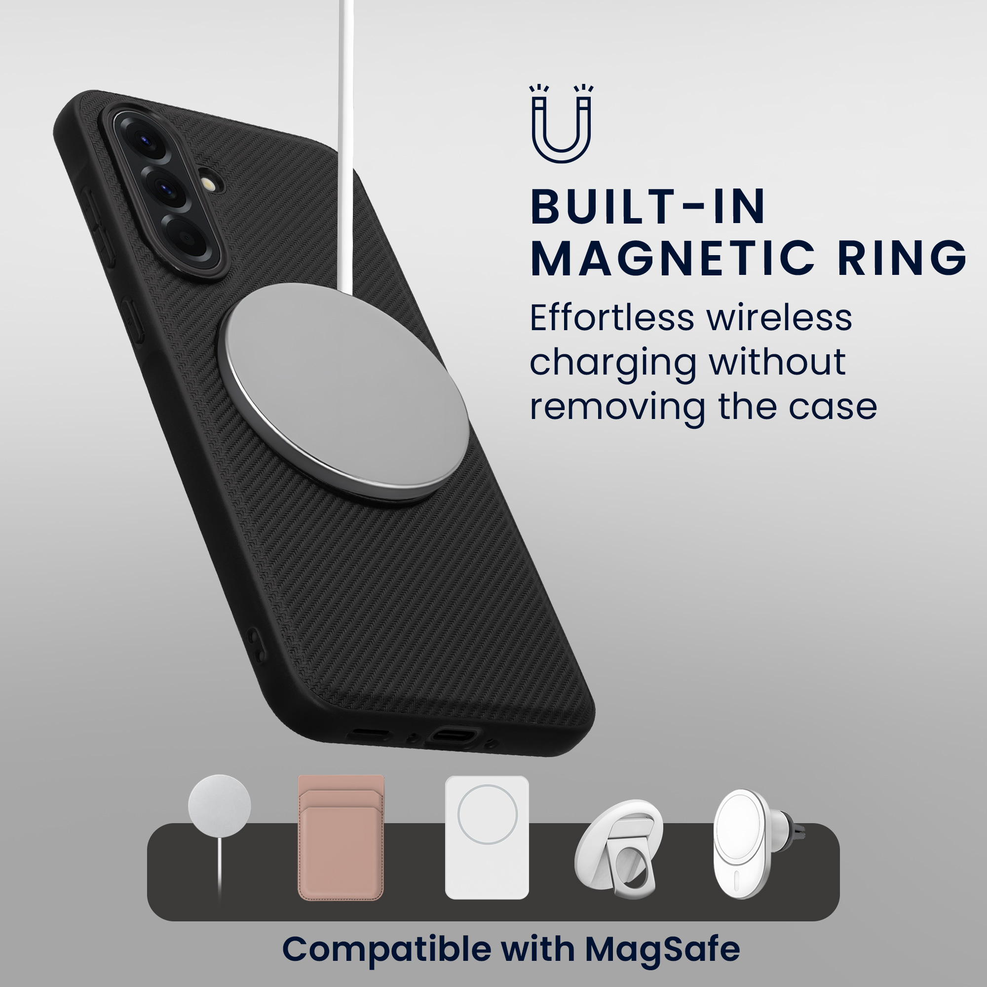 Kryt na mobil Samsung Galaxy A56 5G kwmobile MagSafe ring stand 360° PU kůže carbon Černá - PU kůže s carbon texturou
