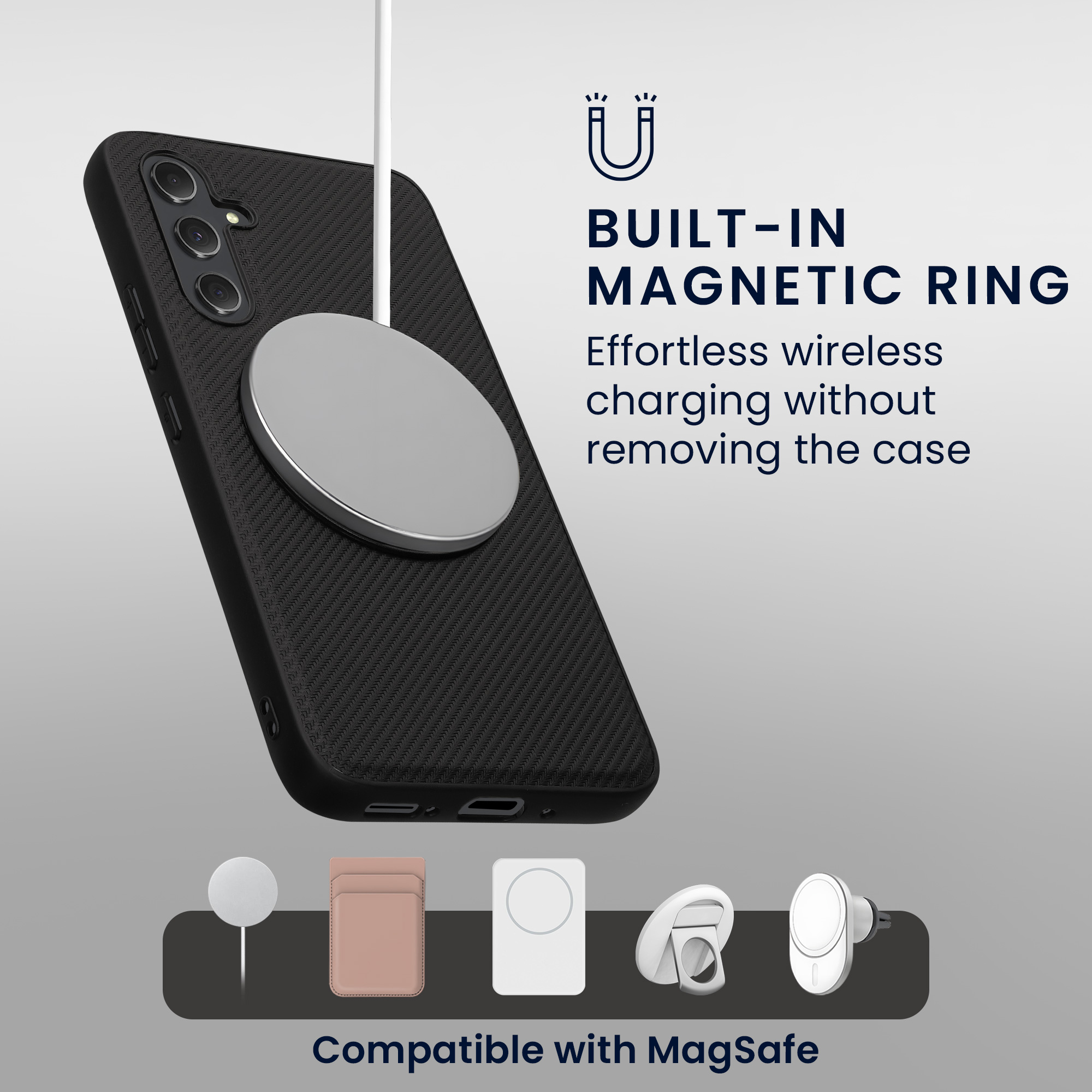 Kryt na mobil Samsung Galaxy A54 5G kwmobile MagSafe ring stand 360° PU kůže carbon Černá - PU kůže s carbon texturou