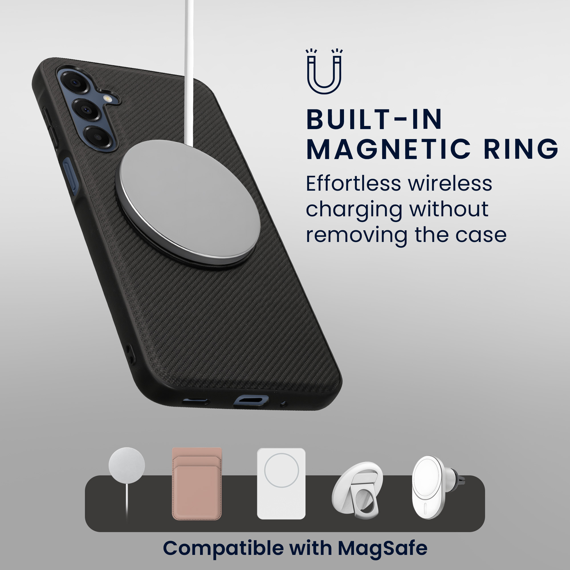 Kryt na mobil Samsung Galaxy A16 5G kwmobile MagSafe ring stand 360° PU kůže carbon Černá