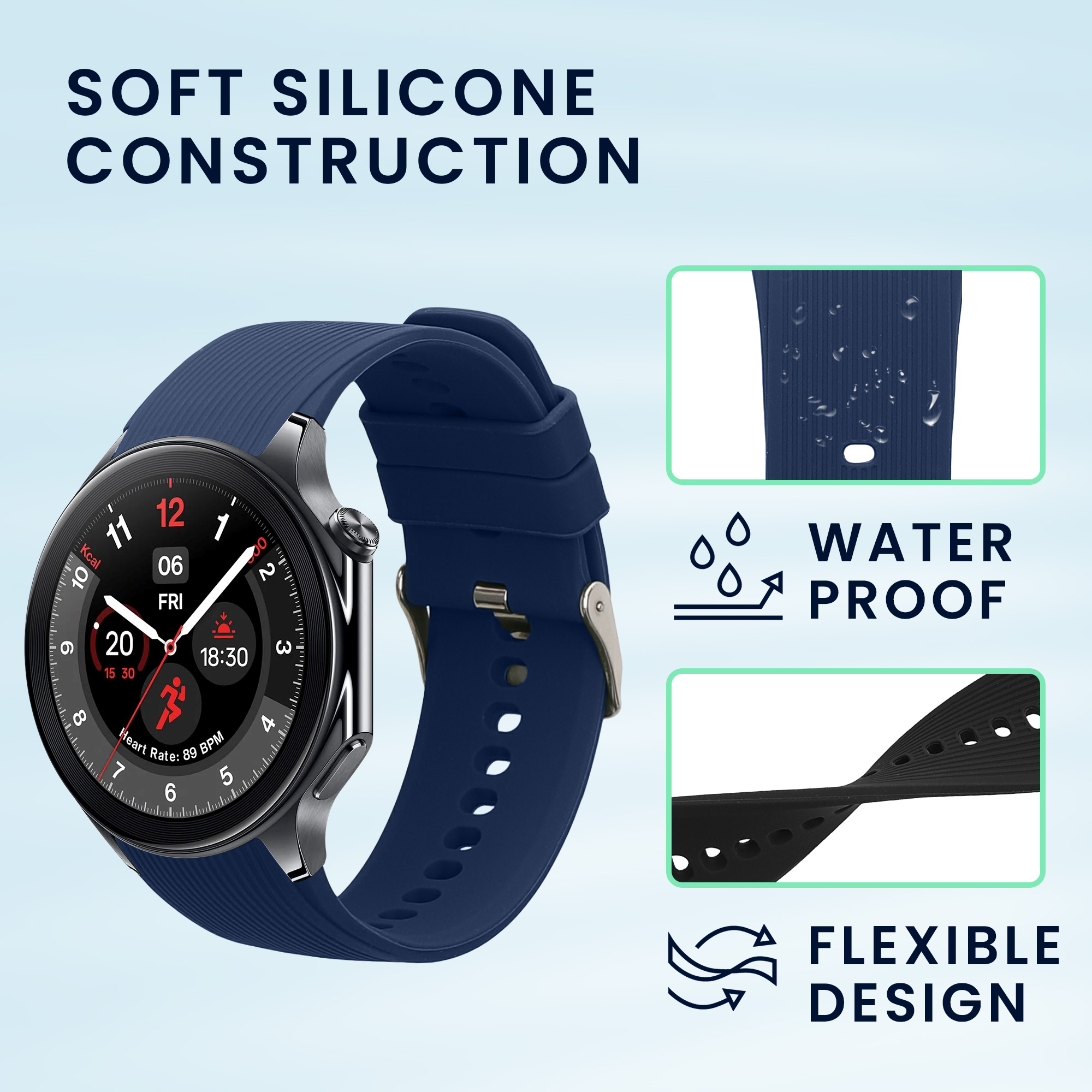 Řemínky pro OnePlus Watch 3 / 2 / 2R / Oppo Watch X2 kwmobile silikonové - černá / tmavě modrá