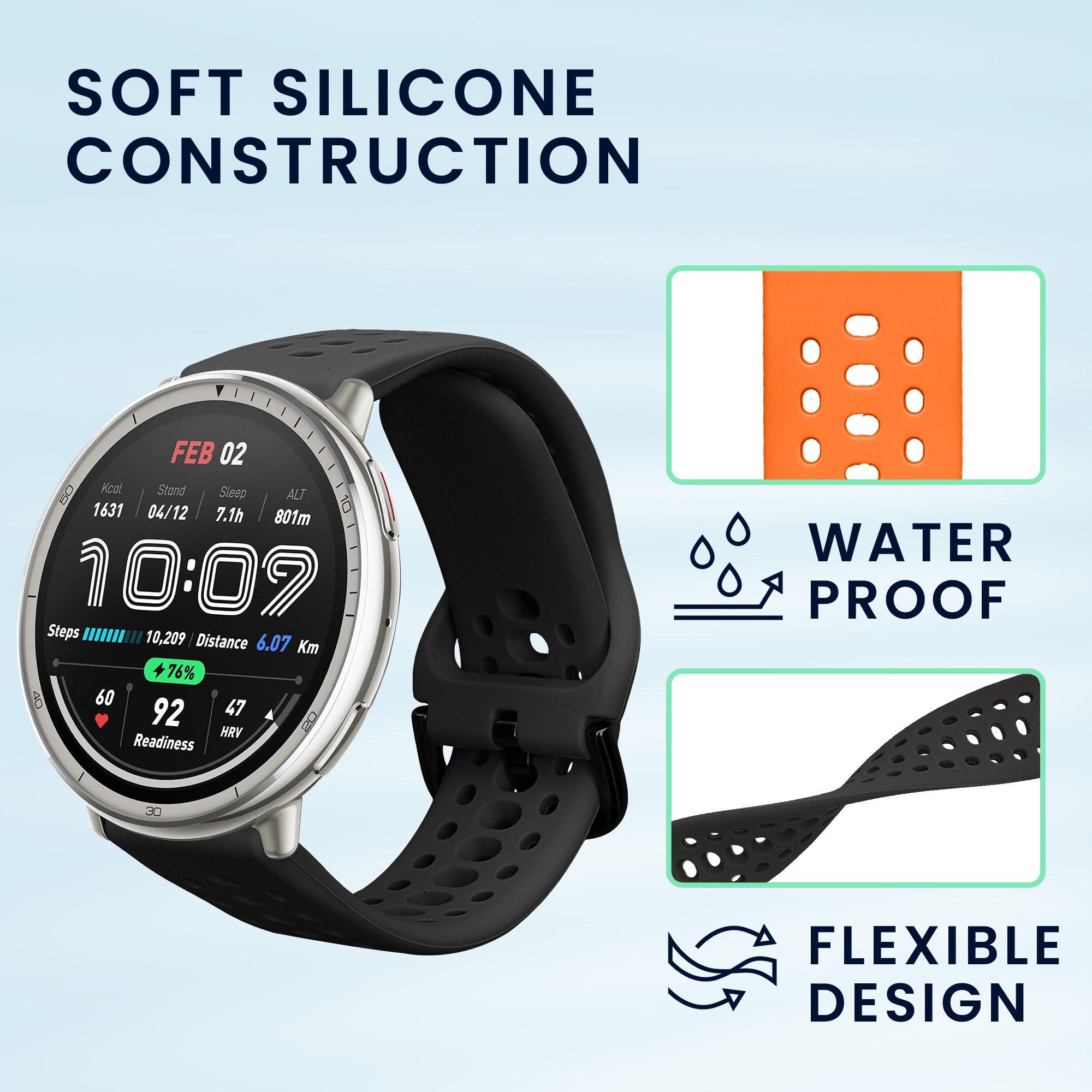 Řemínky pro 20mm Amazfit Active 2 / 2 Square / Active Edge / Bip 3 / GTS 3 4 kwmobile silikonové - černá / oranžová