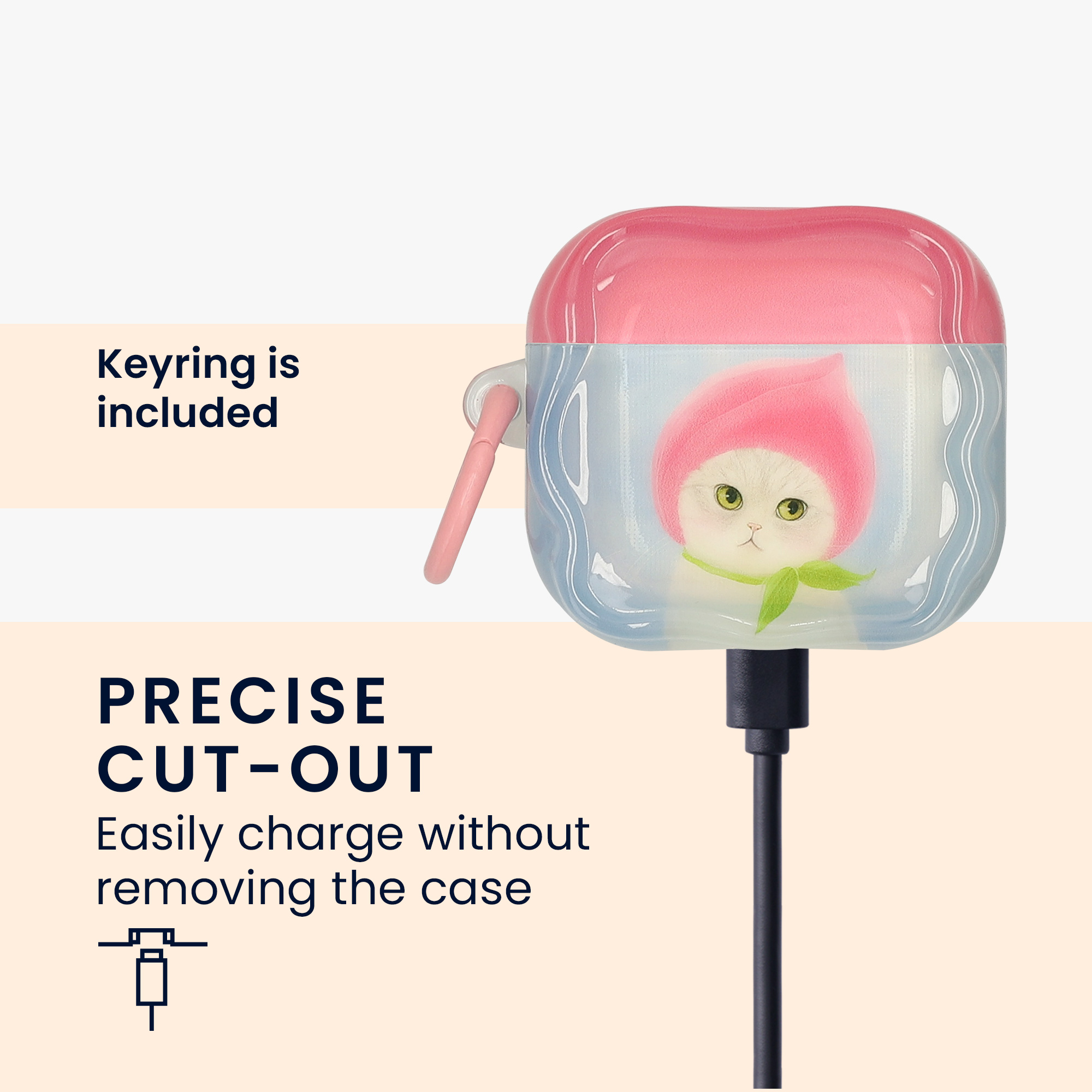 Pouzdro na sluchátka do uší pro Apple Airpods 4 kwmobile - měkký a odolný motiv kočka a broskev