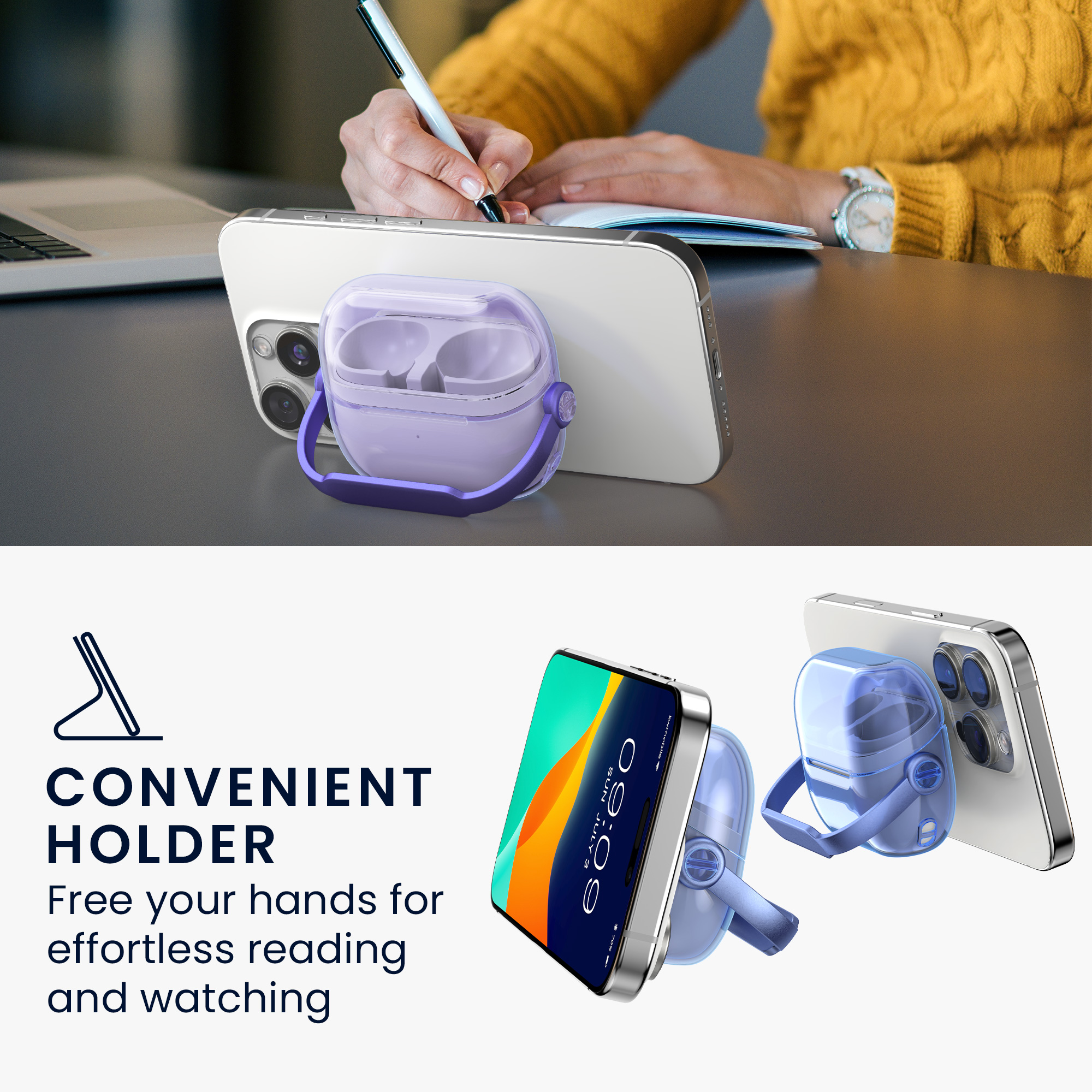 Transparentní pouzdro na sluchátka pro Samsung Galaxy Buds 3 / Galaxy Buds 3 Pro kwmobile se stojánkem TPU - levandulová / transparentní