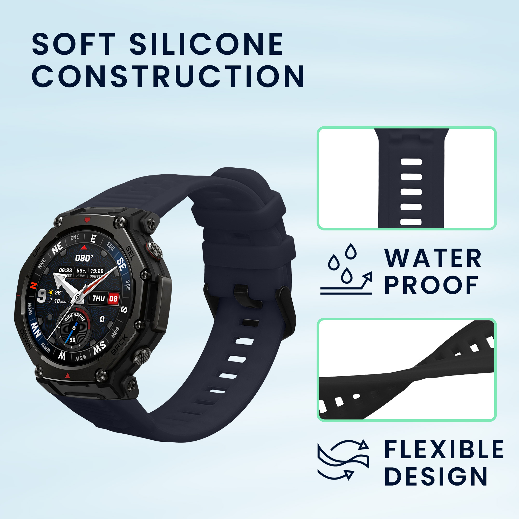 Řemínky pro Amazfit T-Rex3 Pro 48mm kwmobile silikonové - černá / tmavě modrá