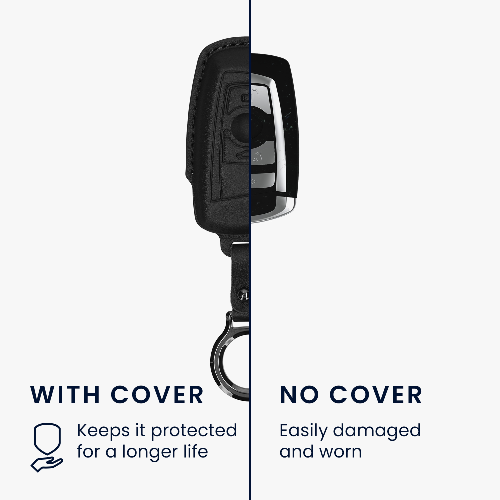 Obal na klíč od auta pro BMW klíč s dálkovým ovládáním a 3 tlačítky (pouze Keyless Go) kwmobile s kroužkem z pravé kůže - černá