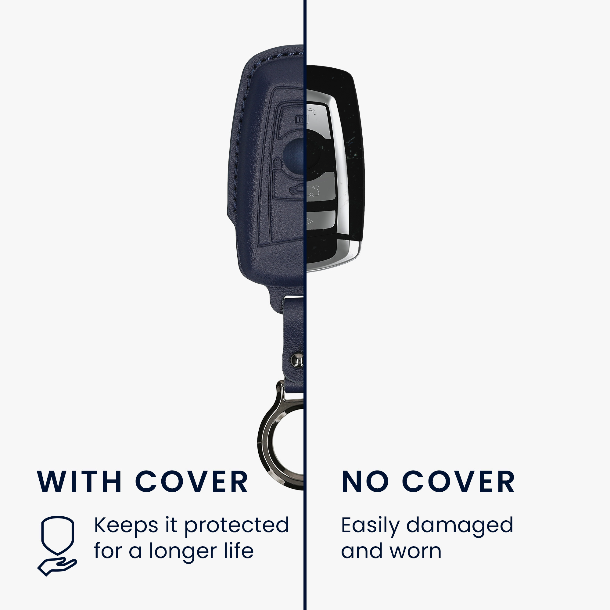 Obal na klíč od auta pro BMW klíč s dálkovým ovládáním a 3 tlačítky (pouze Keyless Go) kwmobile s kroužkem z pravé kůže - tmavě modrá