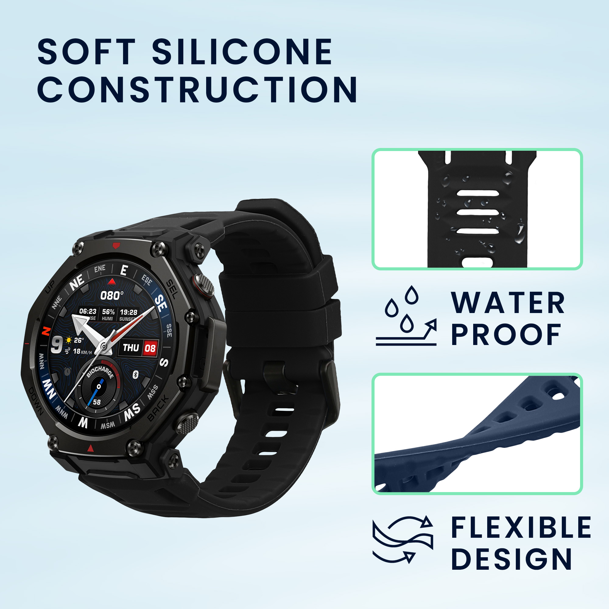 Řemínky pro Amazfit T-Rex3 Pro 44mm kwmobile silikonové - černá / tmavě modrá