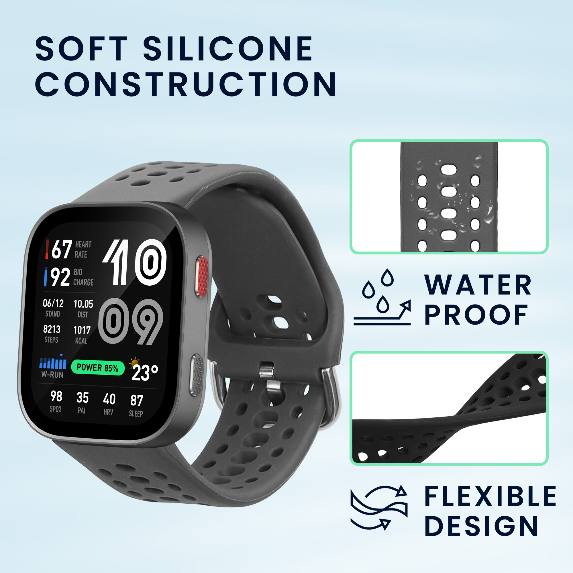 Silikonové řemínky pro Amazfit Bip Max 50 mm, 2 ks kwmobile ‑ šedá / černá