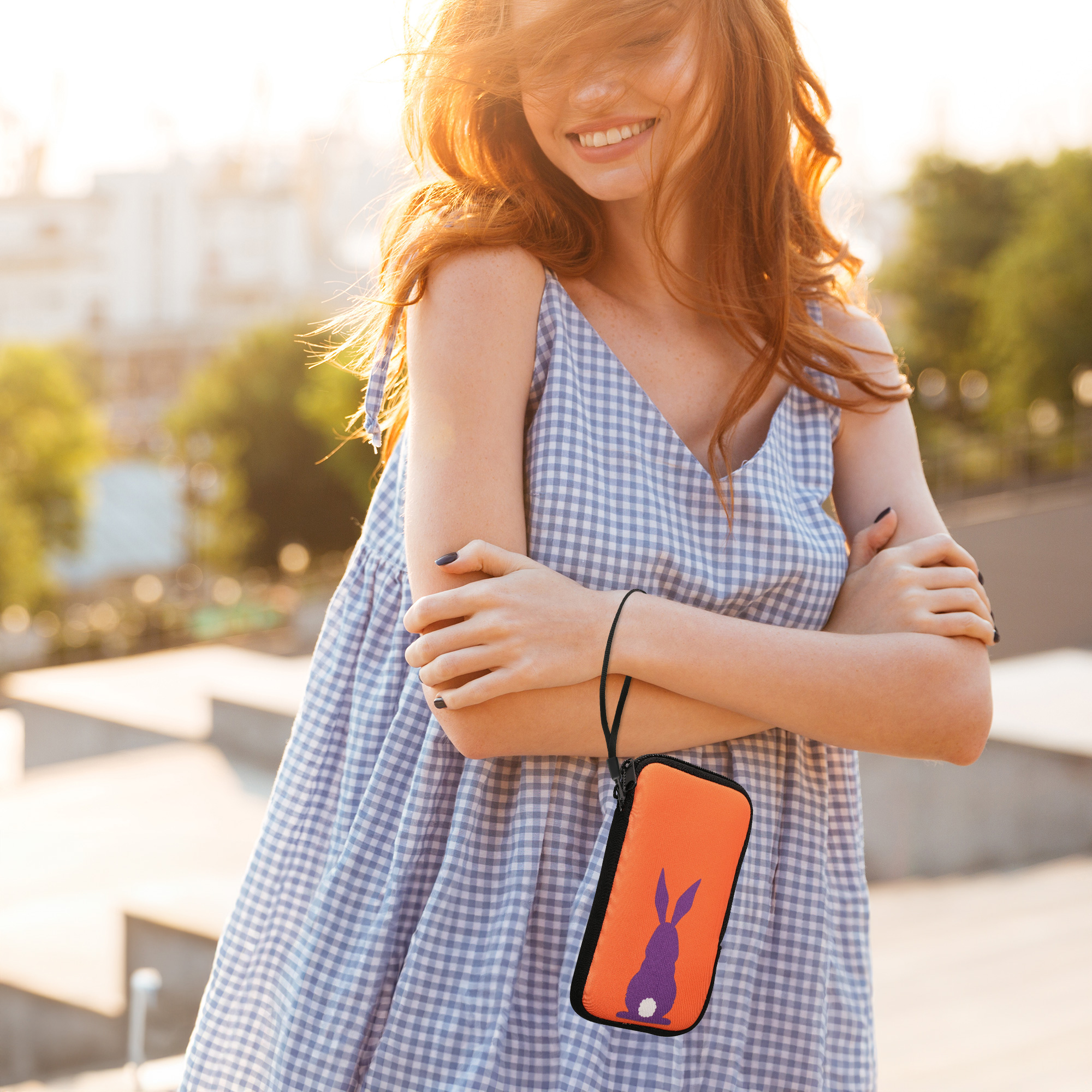 kwmobile univerzální pouzdro na mobil L 6.5", neopren, Rabbit Silhouette fialová / korálová