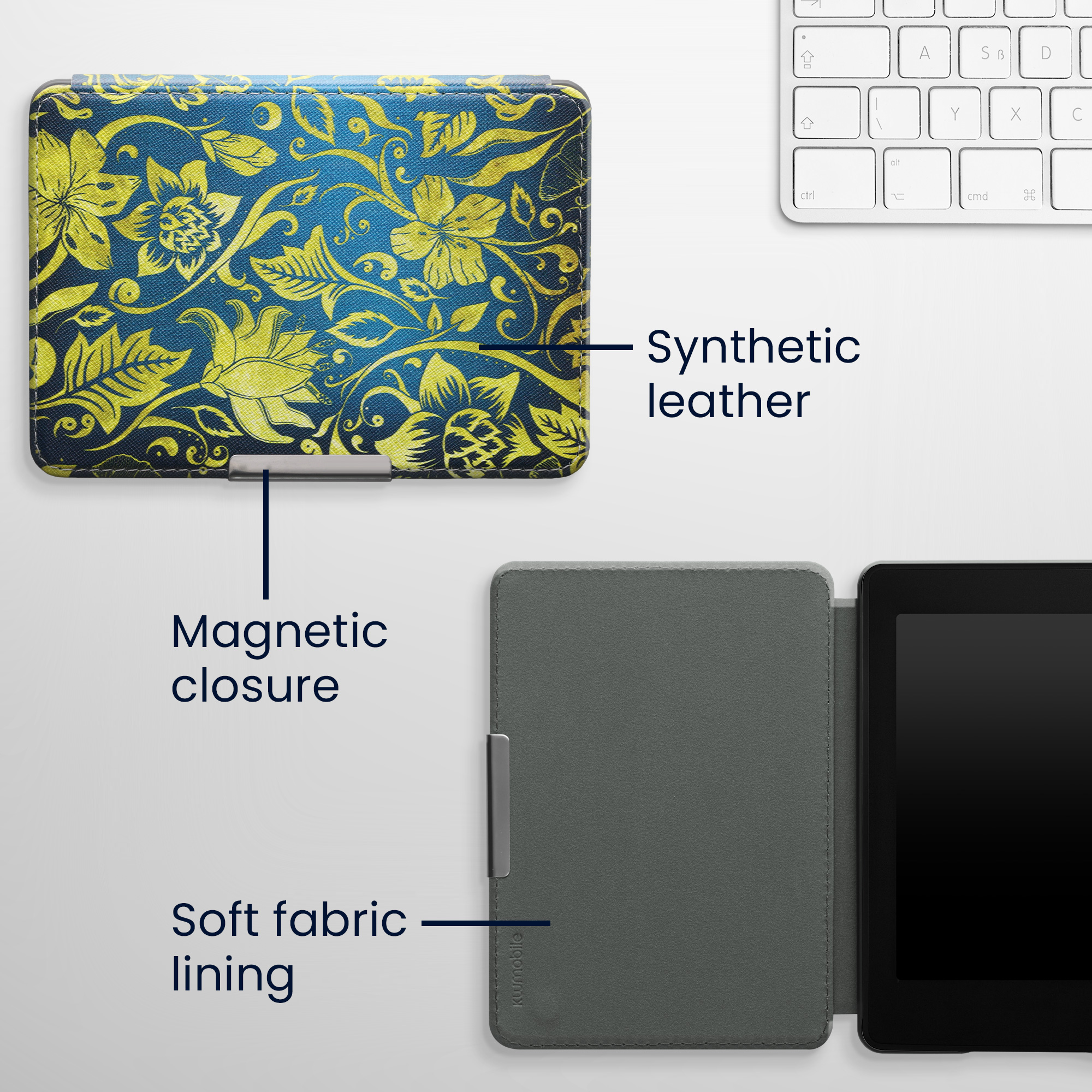 Pouzdro na čtečku kwmobile Kindle Paperwhite - Vintage zlatá Flowers - žlutá / modrá / tmavě modrá