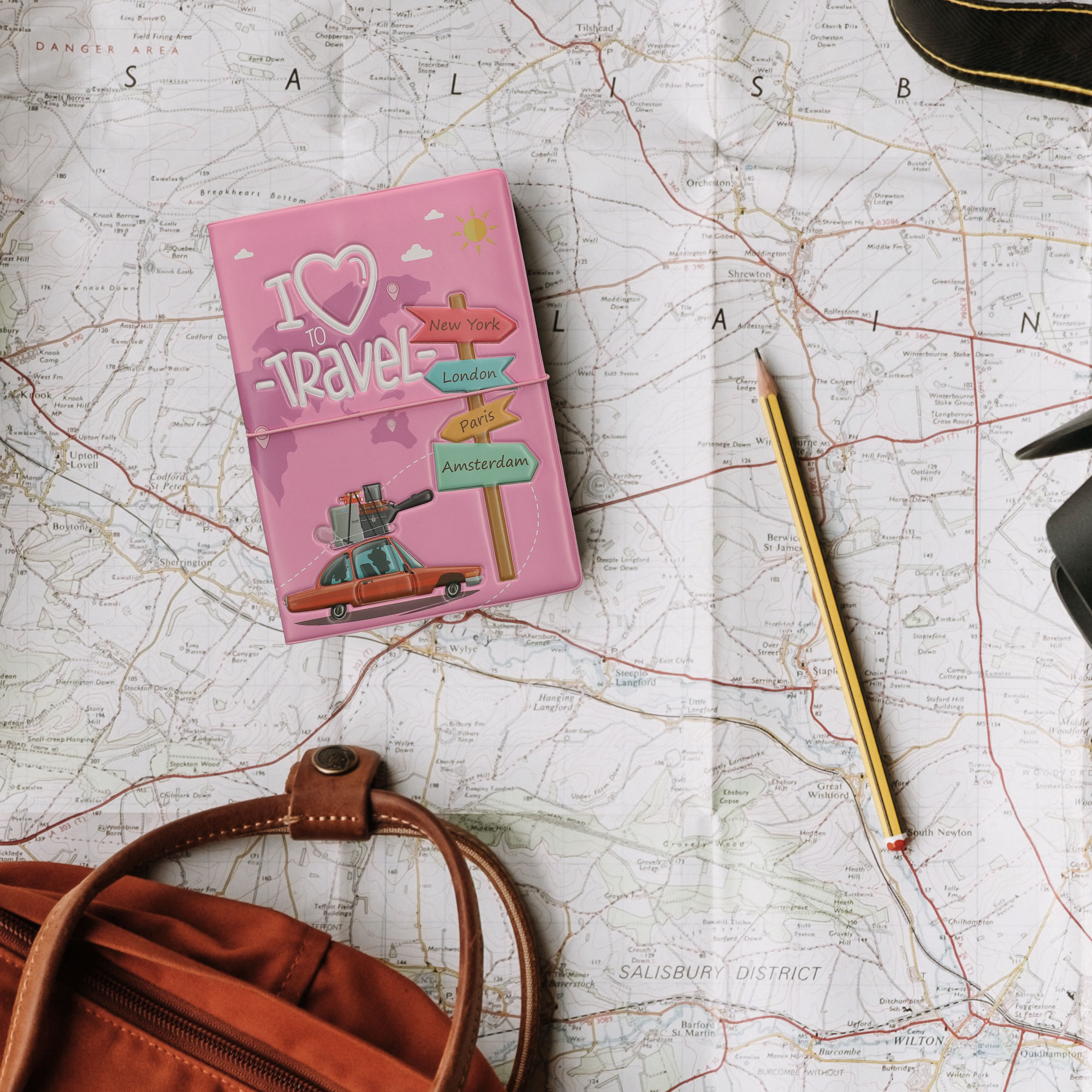 Plastové pouzdro na cestovní pas s přihrádkou na kartu kwmobile kapsa na kartu motiv I Love Travel - bílá / zelená / světle růžová