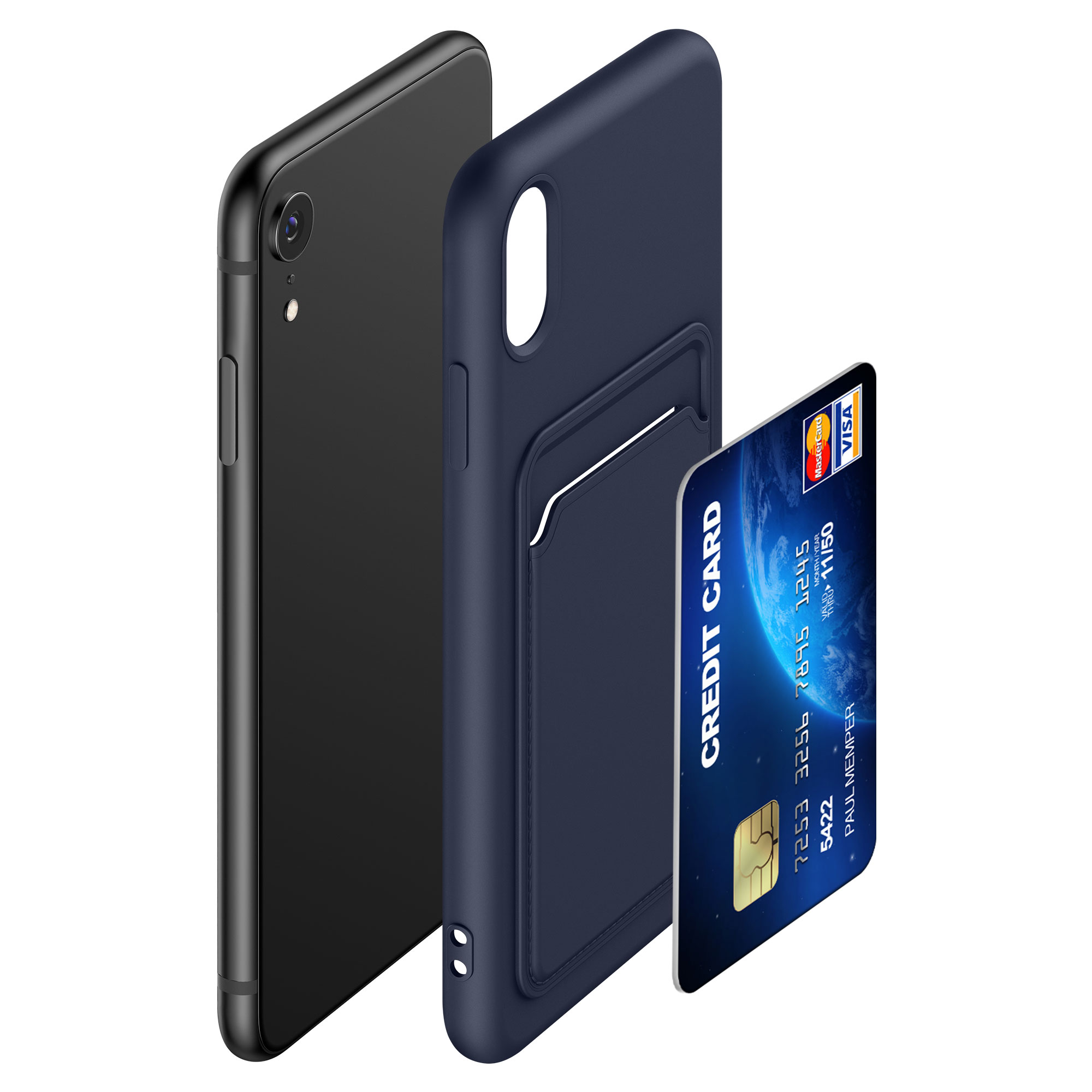 Kryt na mobil s držákem karty kwmobile pro Apple iPhone XR - tmavě modrá