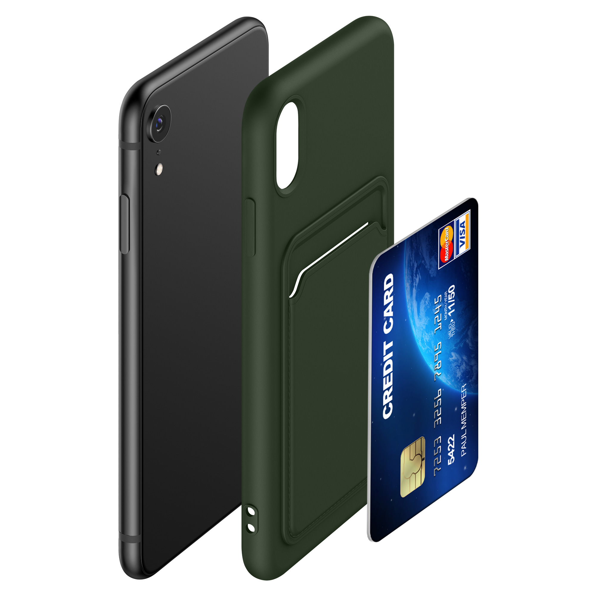 Kryt na mobil s držákem karty kwmobile pro Apple iPhone XR - tmavě zelená