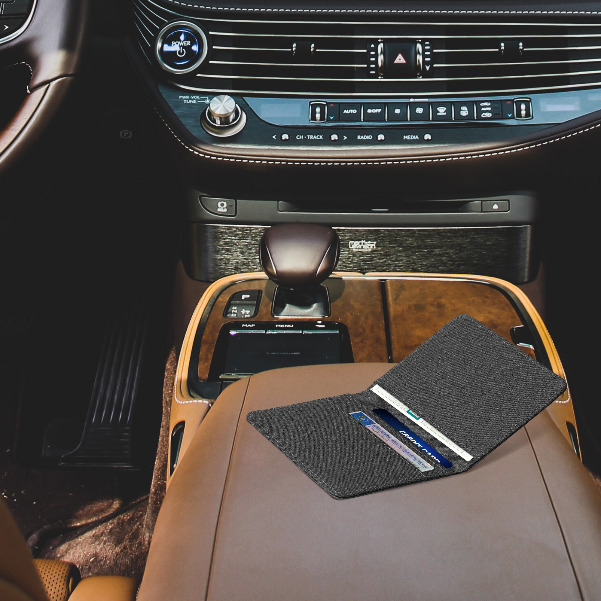 Obal na doklady od auta kwmobile textilní povrch - 12 × 17,5 cm otevřené / 9,2 × 13 cm složené - tmavě šedá