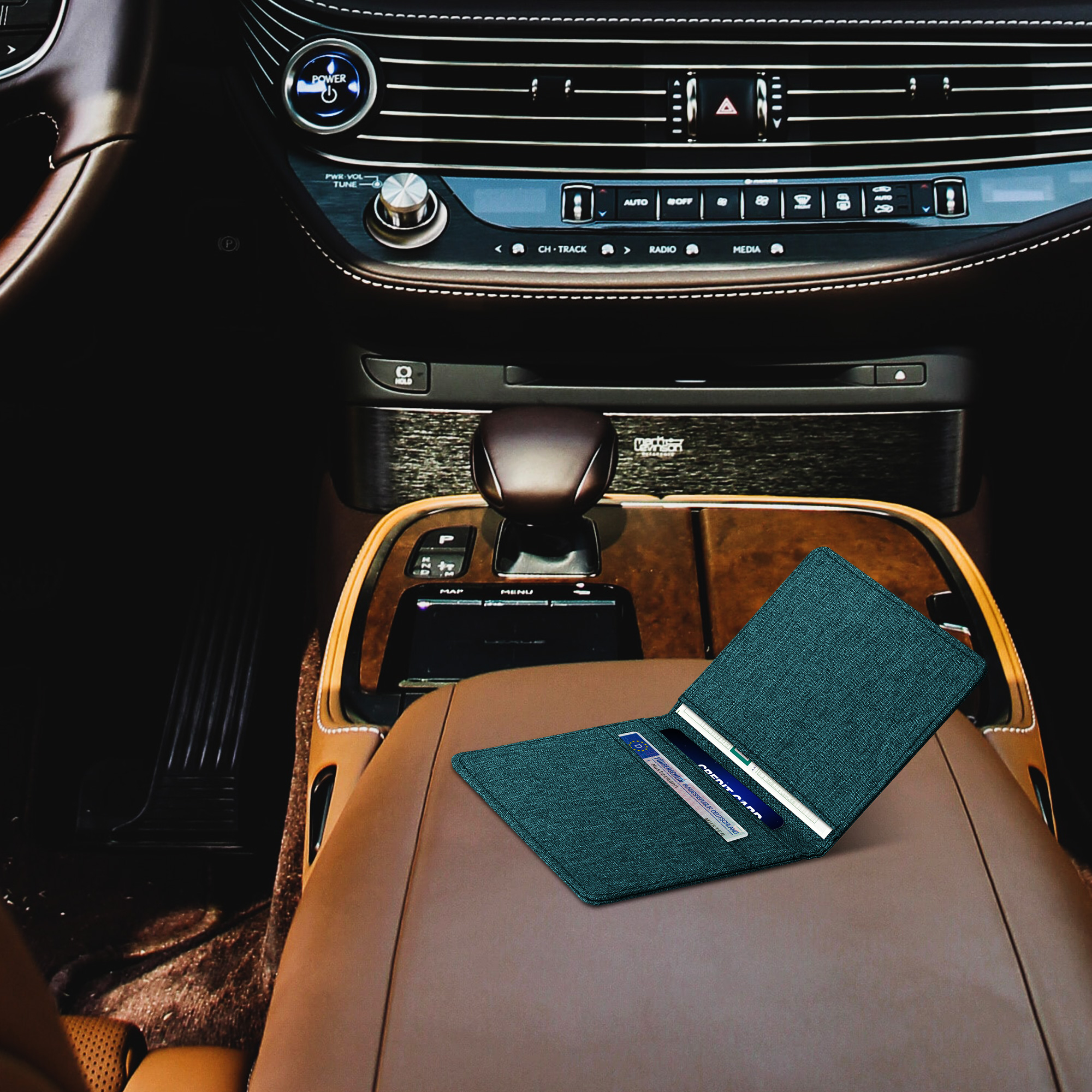 Obal na doklady od auta kwmobile textilní povrch - 12 × 17,5 cm otevřené / 9,2 × 13 cm složené - petrolejová