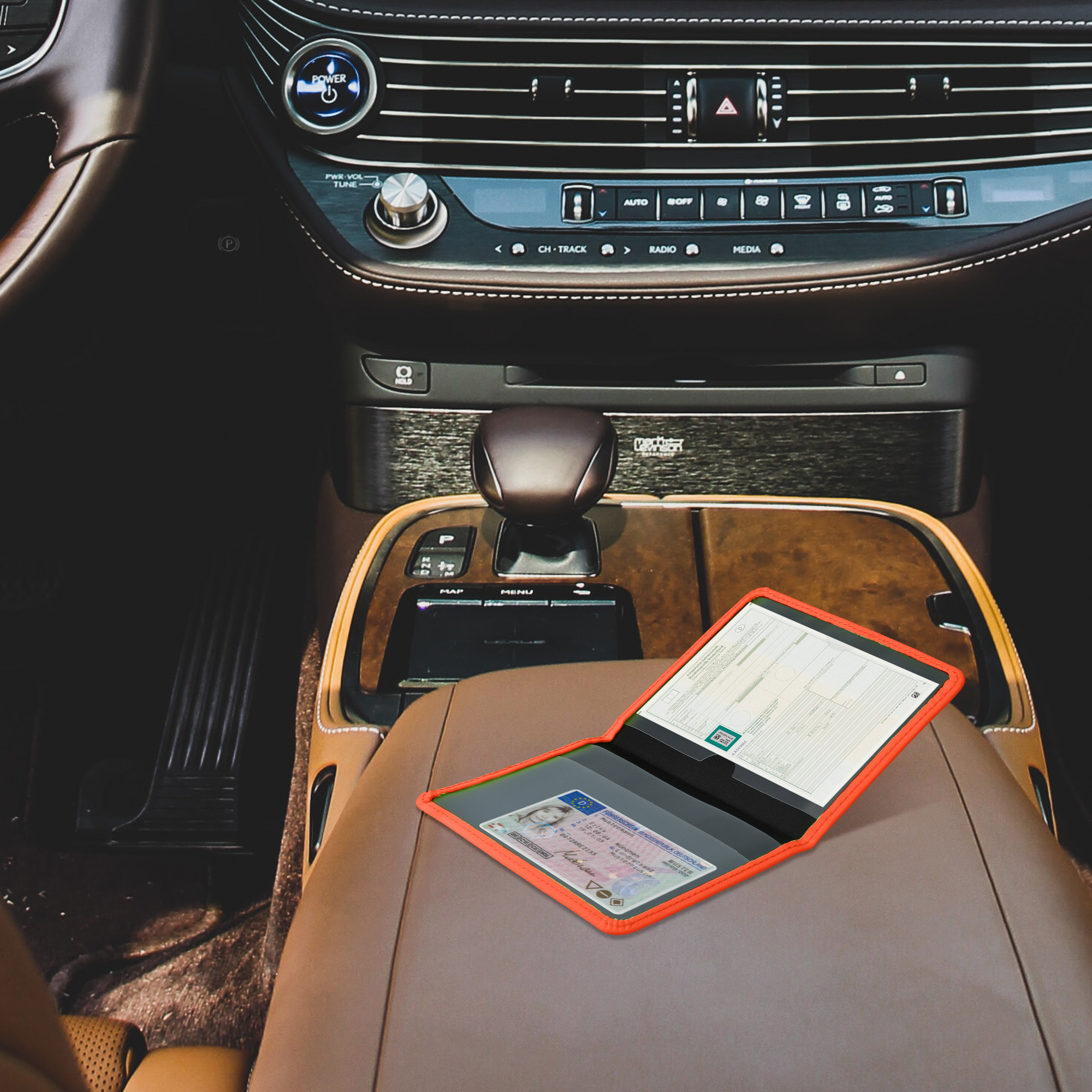Obal na doklady od auta kwmobile neopren - 12 × 17,5 cm otevřené / 9,2 × 13 cm složené - neonově oranžová