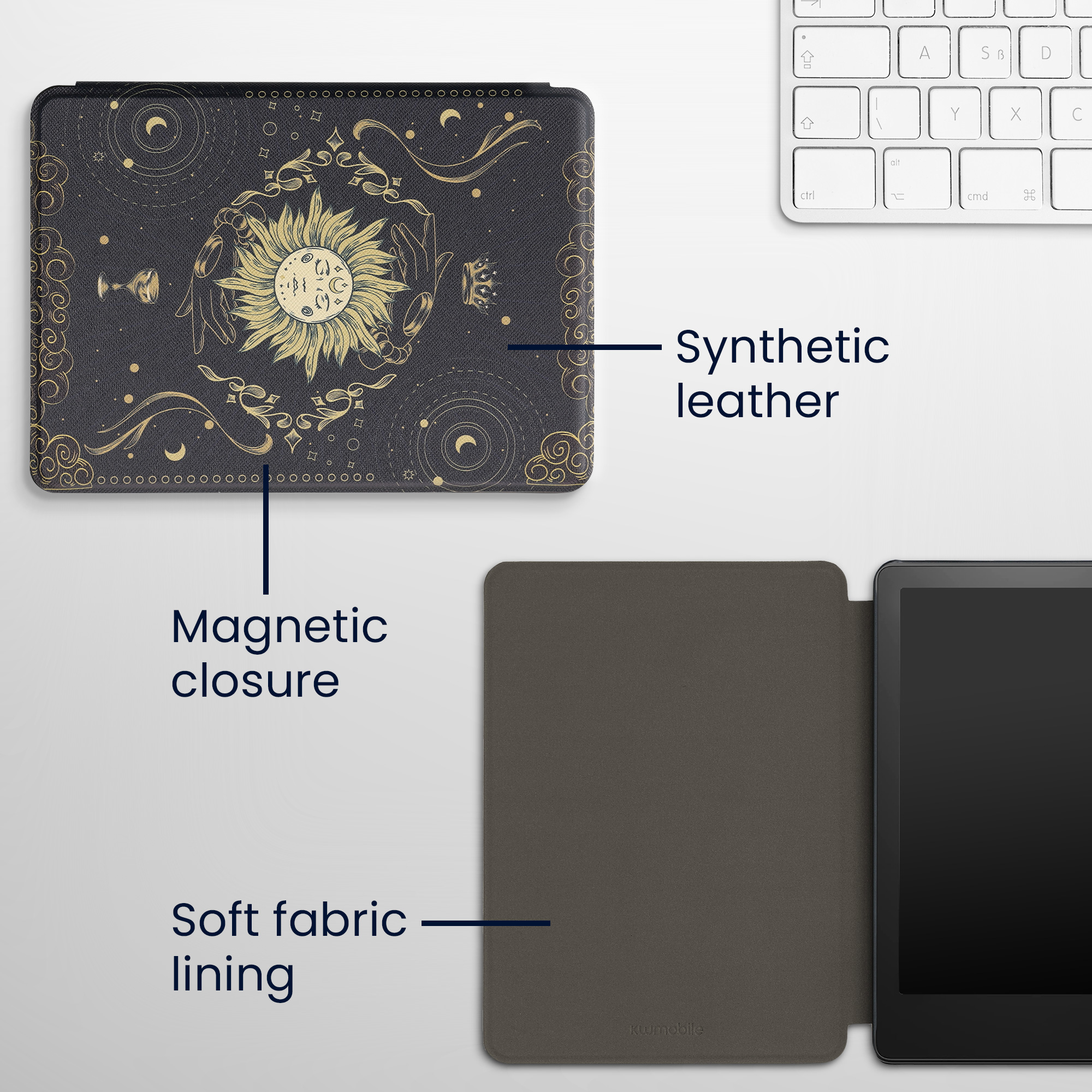 Pouzdro na čtečku kwmobile Amazon Kindle Paperwhite 11 Generation 2021 Case - Tarot Card tmavě modrá / žlutá / černá