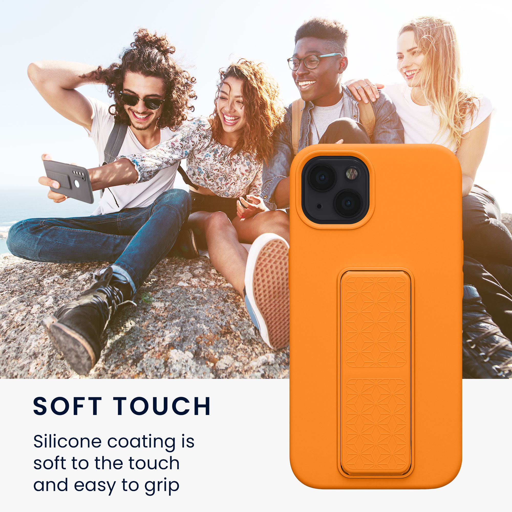 Kryt s poutkem a stojánkem kwmobile pro iPhone 13 - ovocná oranžová