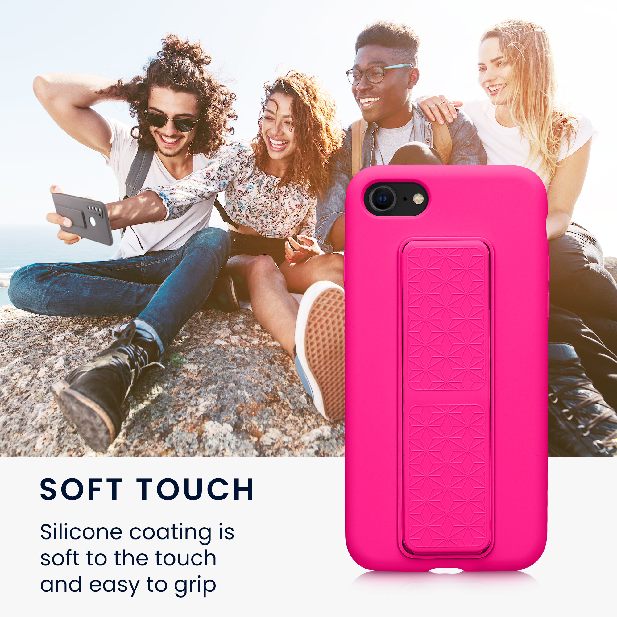 TPU kryt se silikonovým povrchem pro Apple iPhone SE (2022) / SE (2020) / 8 / 7, nárazuvzdorný, s poutkem a stojánkem kwmobile ‑ neonově růžová
