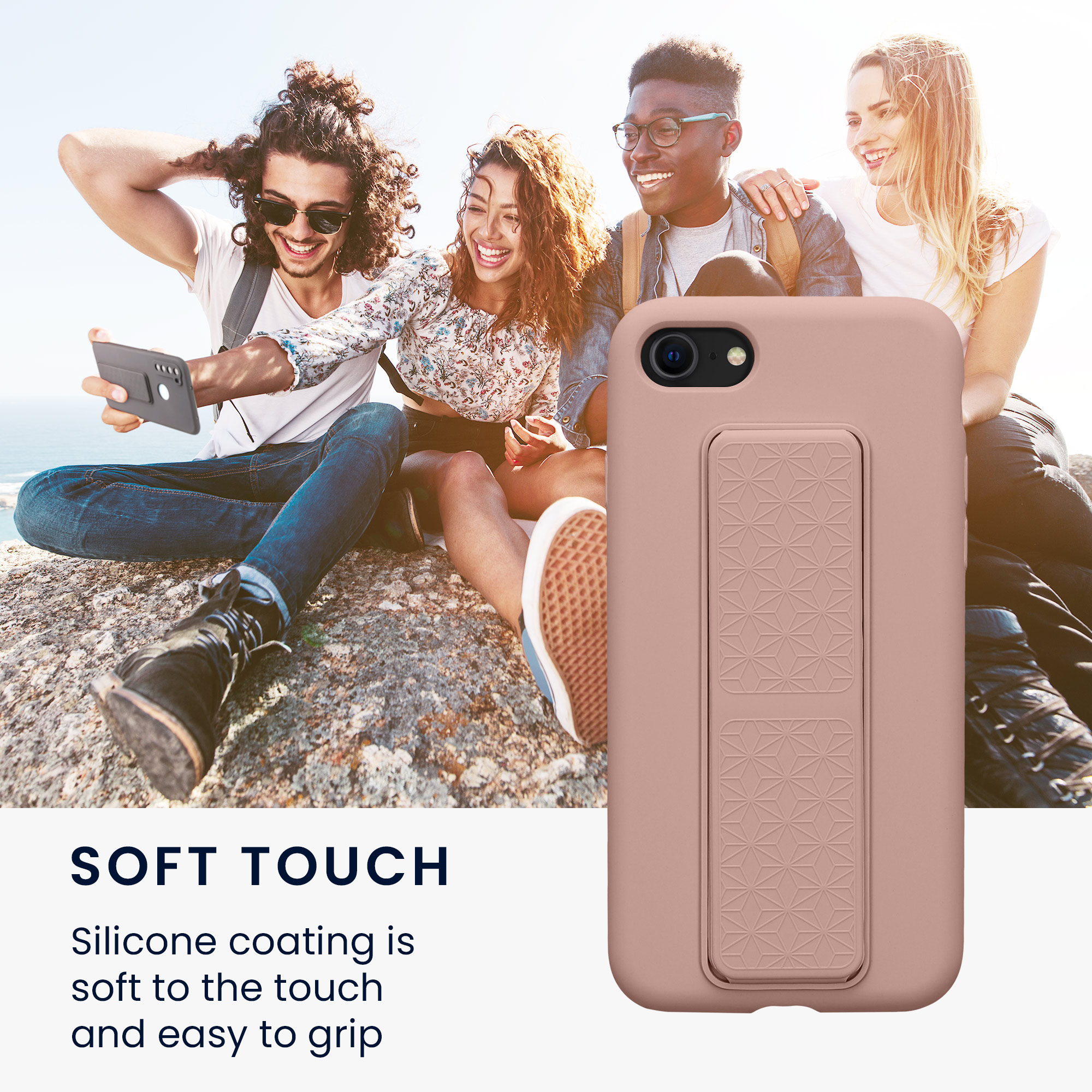 TPU kryt s poutkem a stojánkem kwmobile pro iPhone SE 2022/2020/8/7 - pudrově růžová