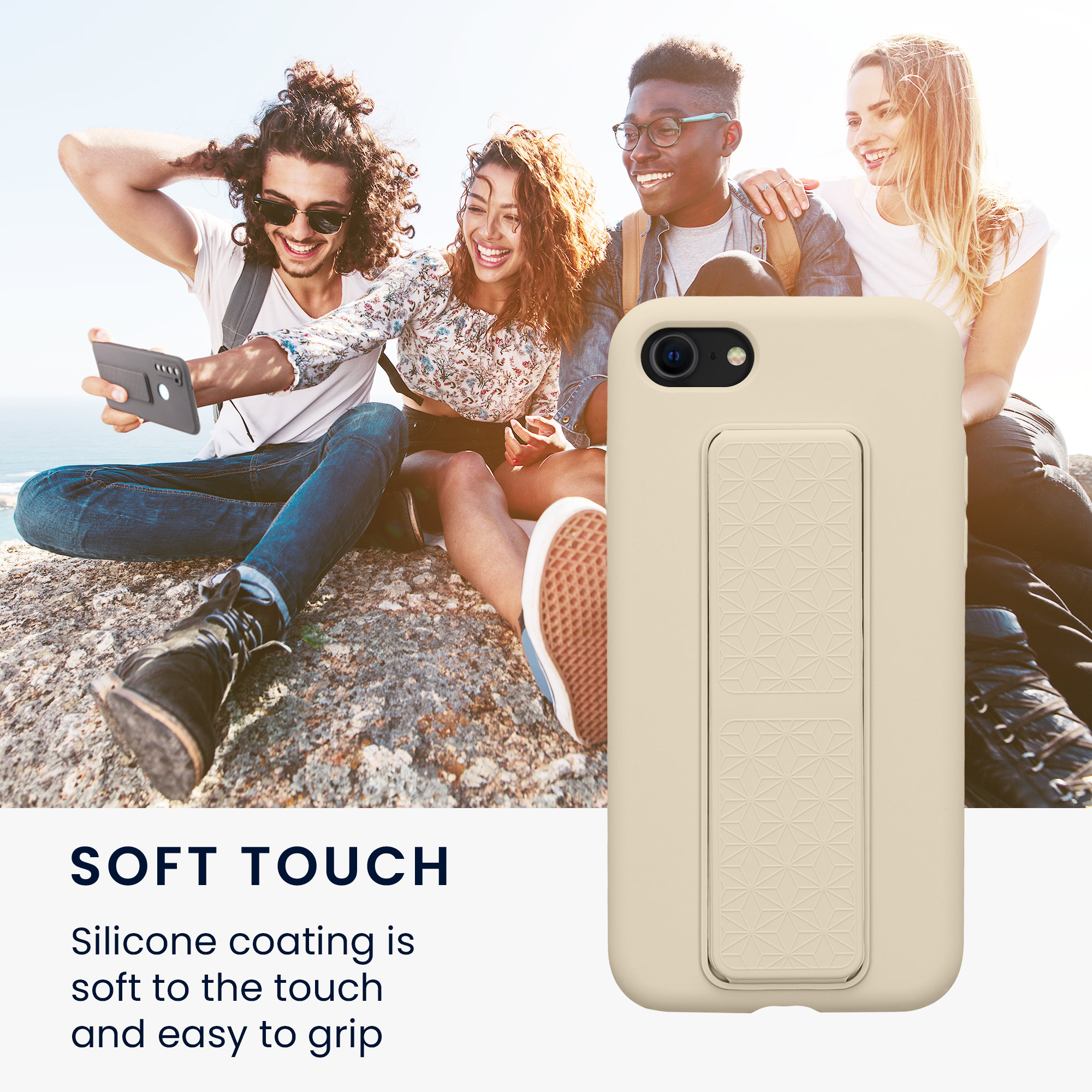 Pouzdro pro Apple iPhone SE (2022) / SE (2020) / 8 / 7 kwmobile se stojánkem s poutkem silikonové - krémová