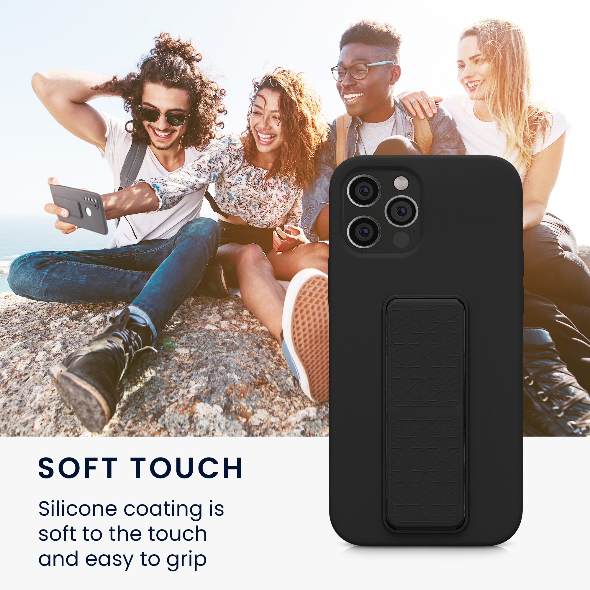 Kryt s poutkem a stojánkem kwmobile pro iPhone 12 / iPhone 12 Pro - černá