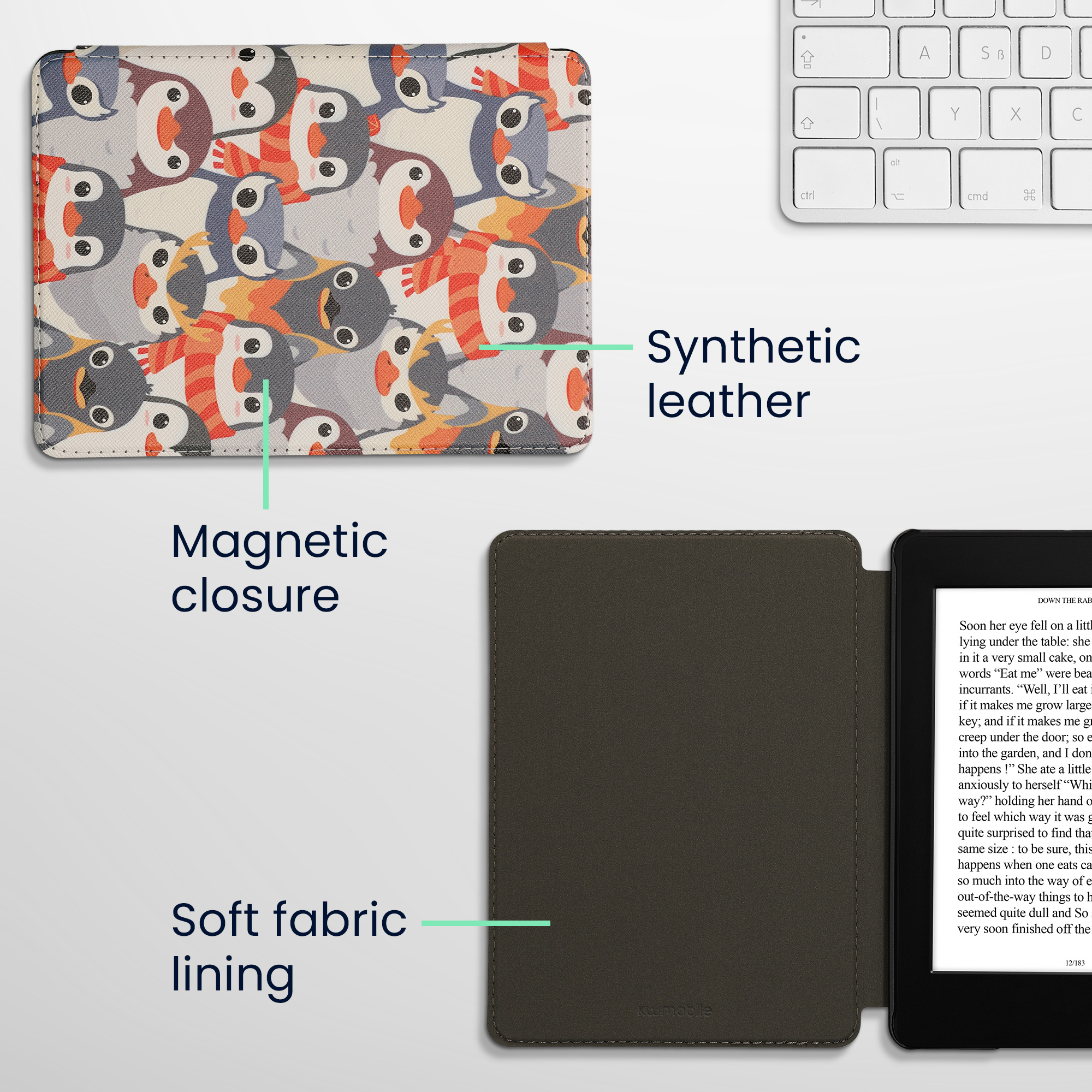 Pouzdro na čtečku kwmobile Amazon Kindle Paperwhite 11 Generation 2021 Case - Penguins šedá / žlutá / hnědá