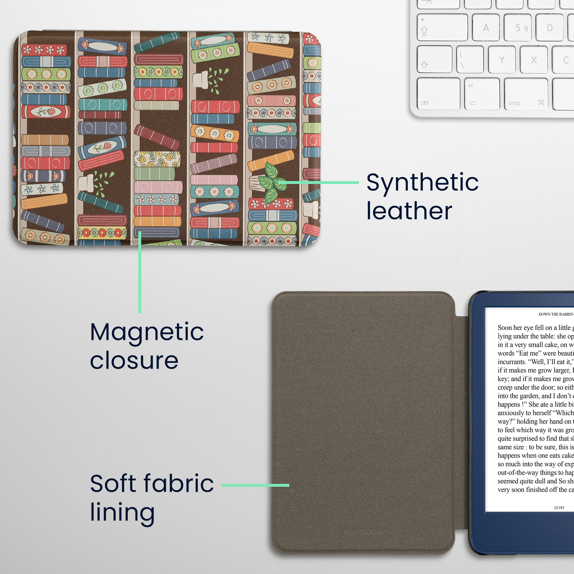 Pouzdro na čtečku kwmobile pro Amazon Kindle (2022/2024) - motiv Summer Library modrá / zelená / tmavě růžová