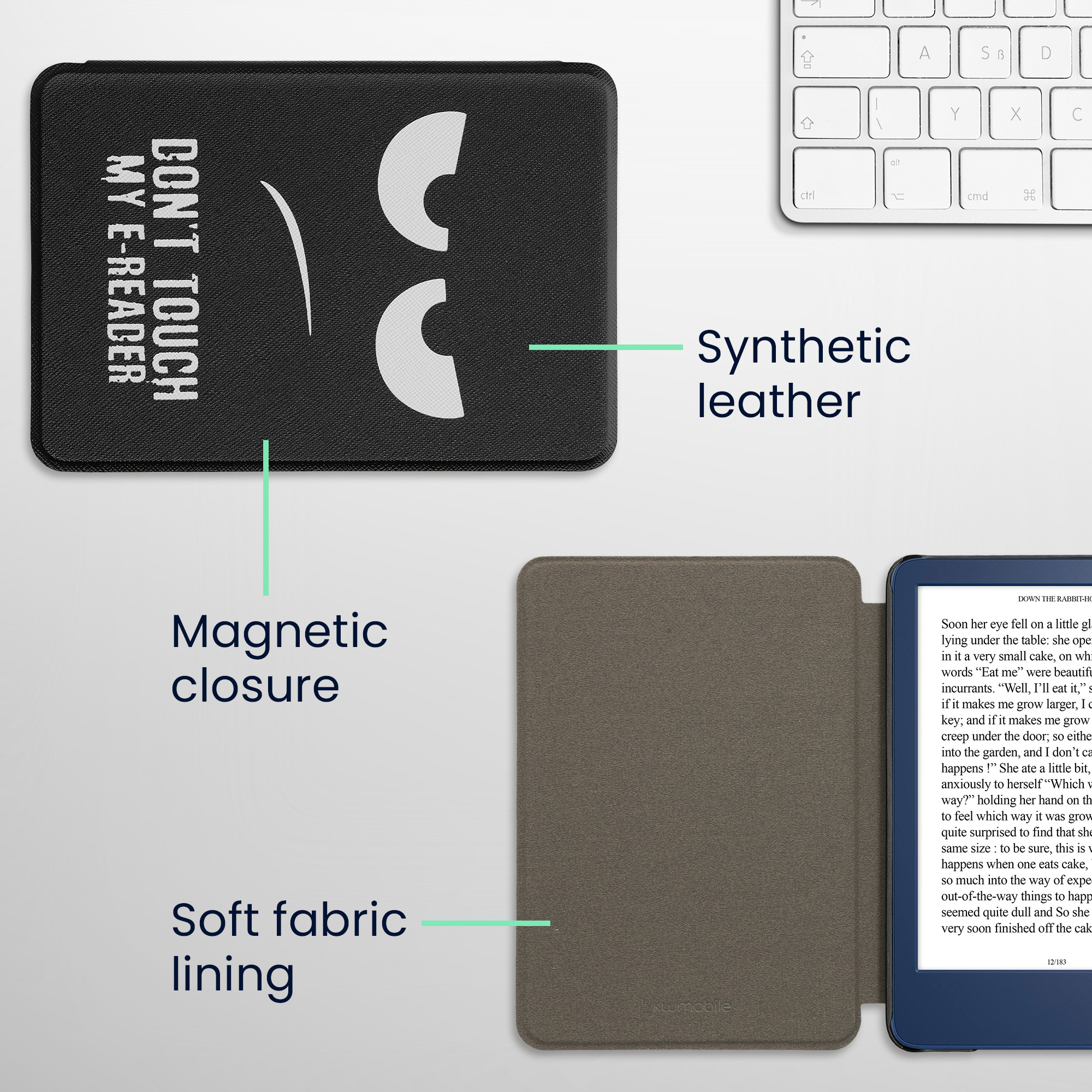 Pouzdro na čtečku kwmobile pro Amazon Kindle (2022/2024) - motiv Don't Touch My E-Reader bílá / černá