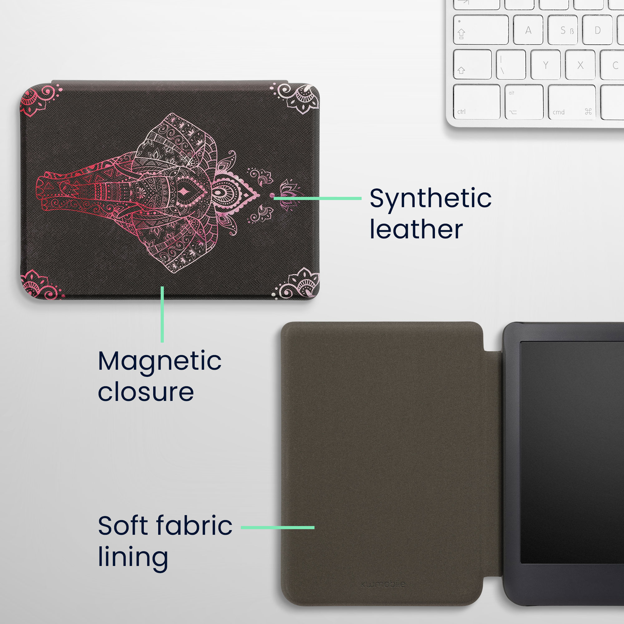 Flip pouzdro na čtečku s magnetem Kobo Clara 2E/Tolino Shine 4 Elephant Sketch tmavě růžovo-antracitové