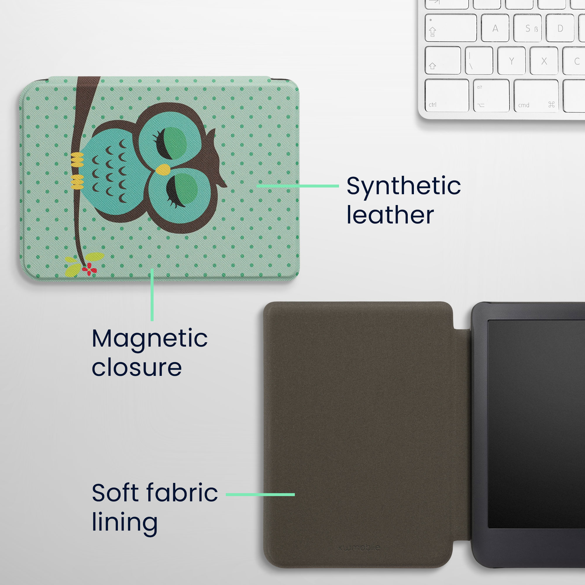 Flip pouzdro na čtečku s magnetem Kobo Clara 2E/Tolino Shine 4 Sleeping Owl tyrkysovo-hnědo-mint