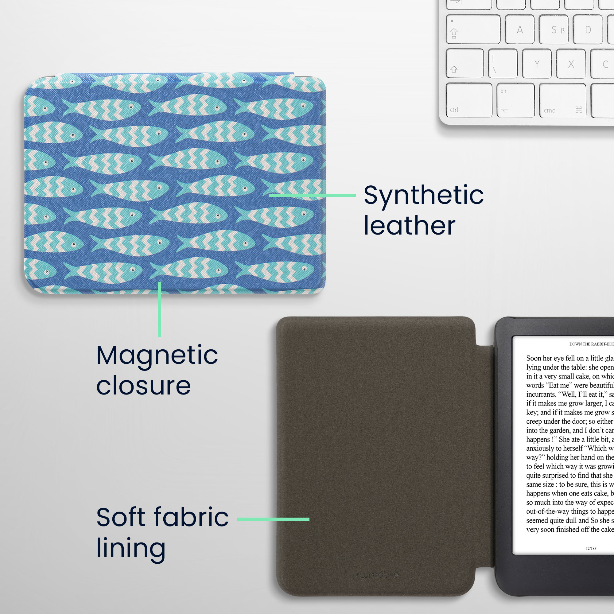 Flip pouzdro na čtečku s magnetem Kobo Clara 2E/Tolino Shine 4 Small Fish modro-světle modro-bílé