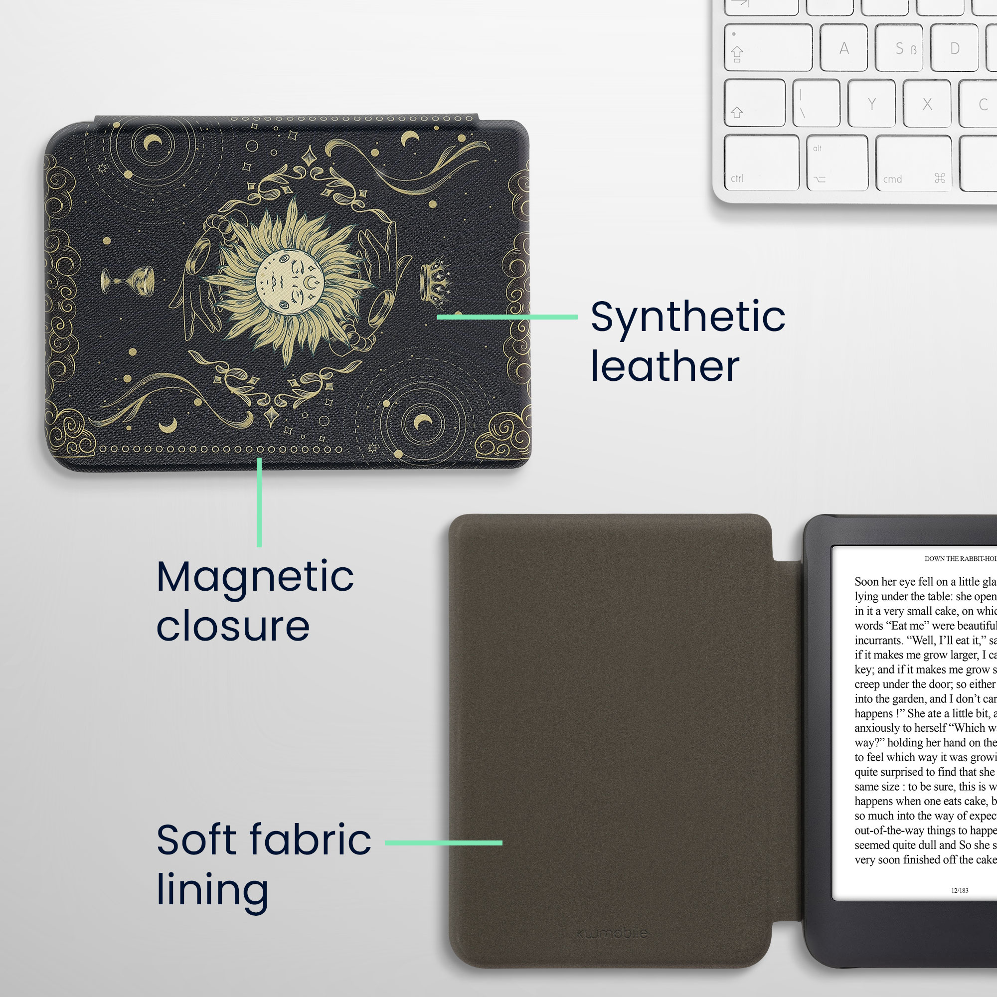 Flip pouzdro na čtečku s magnetem Kobo Clara 2E/Tolino Shine 4 Tarot Card tmavě modro-žluto-černé