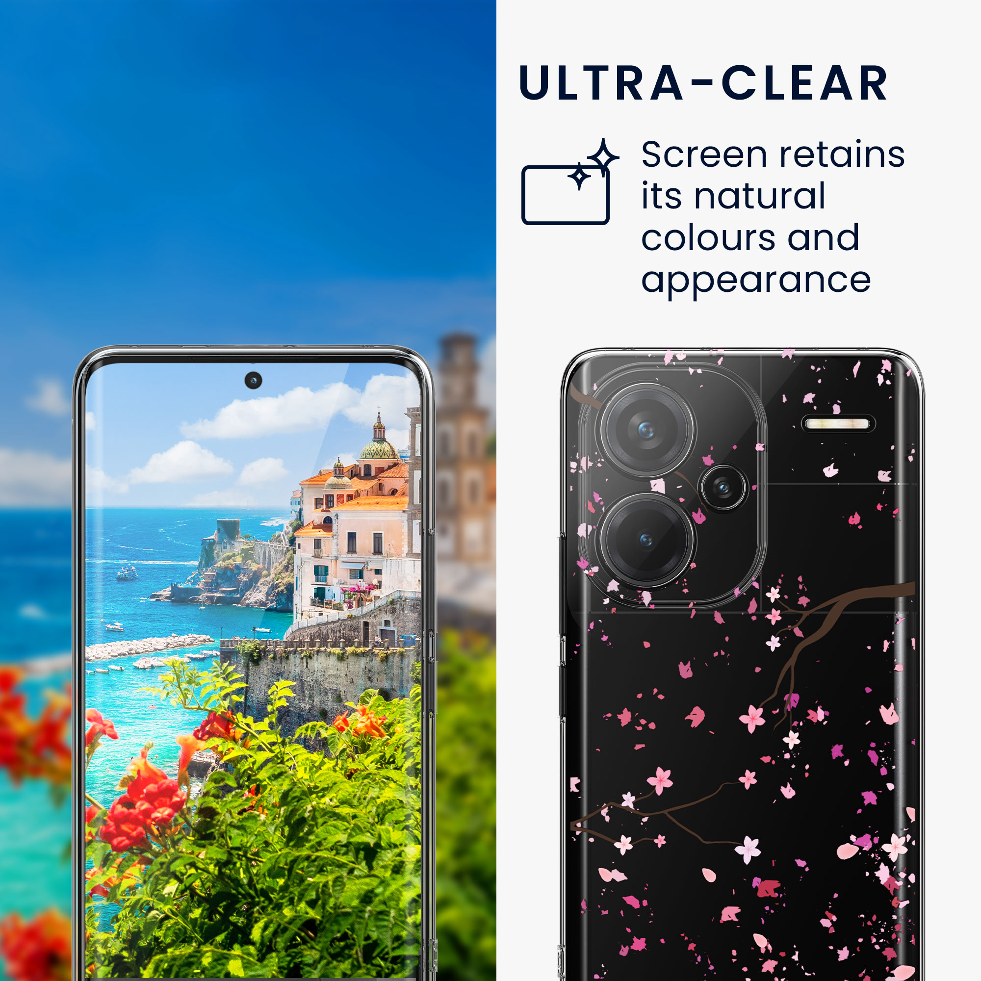 Čiré pouzdro s ochranným sklem pro Xiaomi Redmi Note 13 Pro+ 5G / Redmi Note 13 Pro Plus 5G kwmobile - růžová (třešňové květy) / tmavě hnědá / transparentní