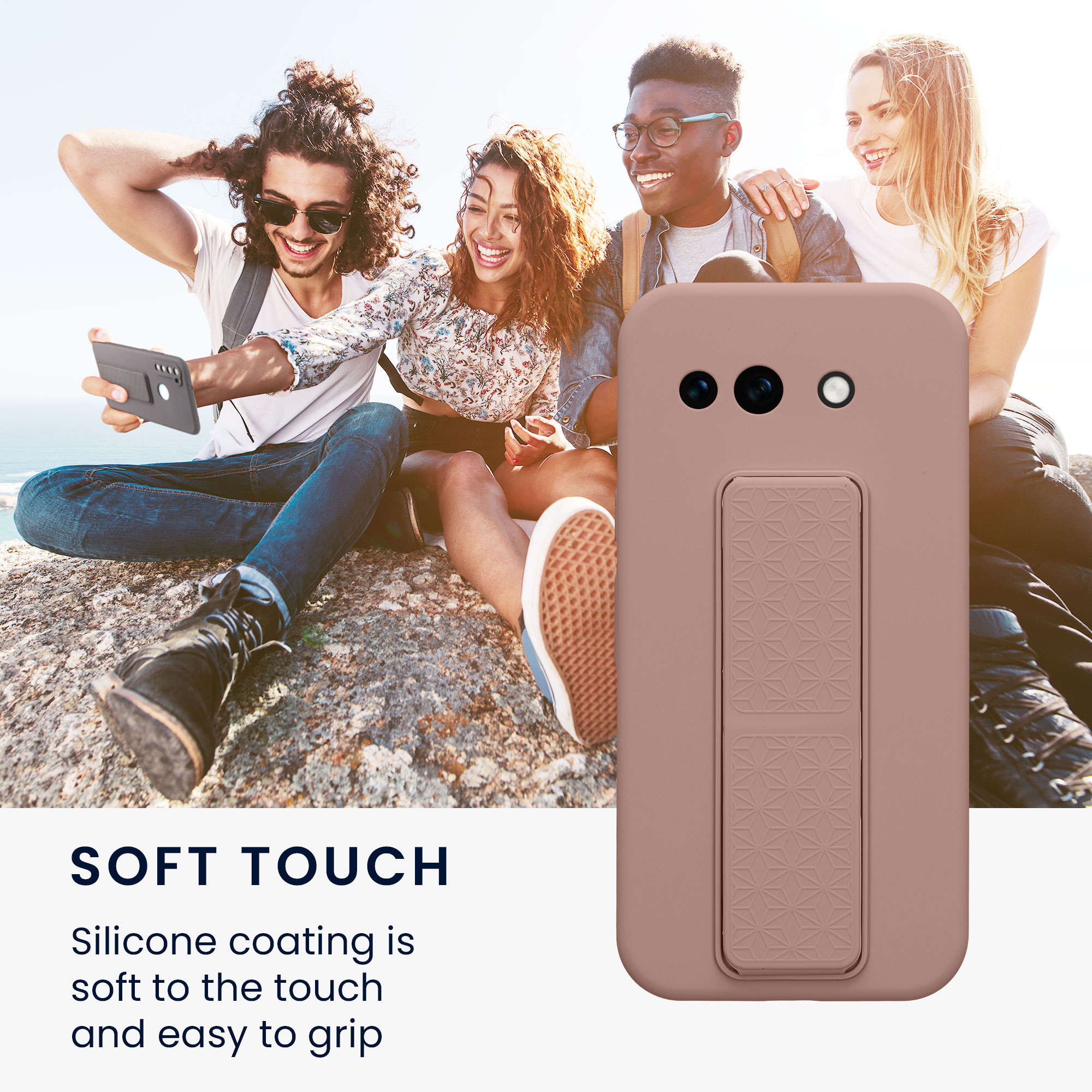 TPU kryt se silikonovým povrchem pro Google Pixel 10a, nárazuvzdorný, s poutkem a stojánkem kwmobile ‑ starorůžová