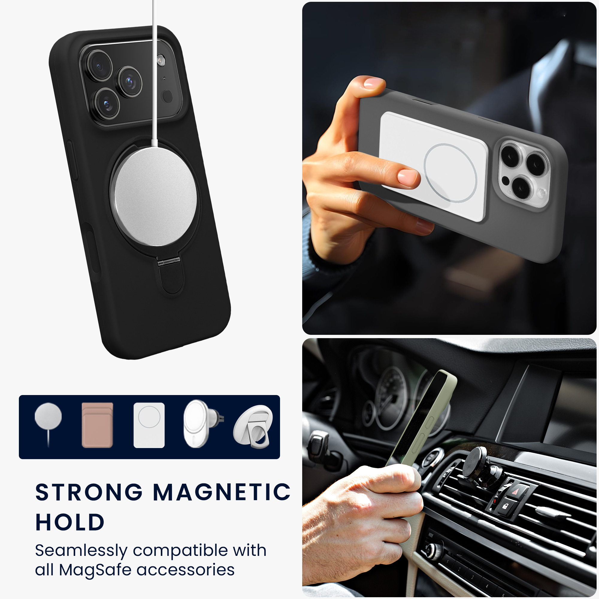 Silikonové pouzdro s kroužkovým stojánkem pro Apple iPhone 18 Pro / iPhone 17 Pro MagSafe, podšívka z mikrovlákna kwmobile ‑ černá