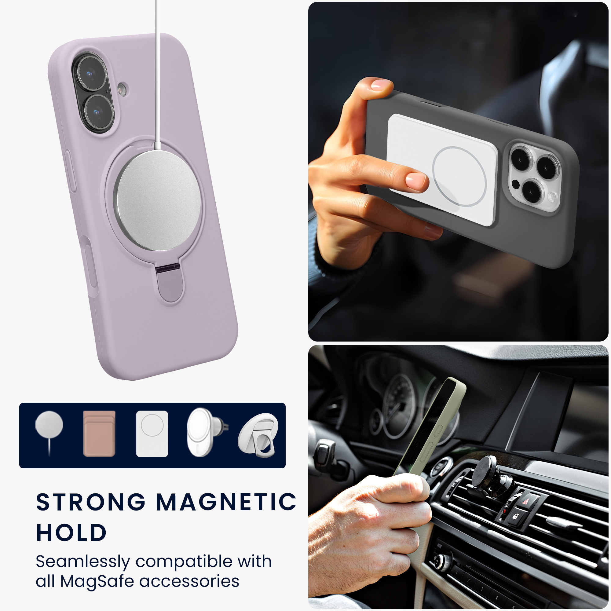 Pouzdro s kroužkovým stojánkem pro Apple iPhone 16 kwmobile MagSafe se stojánkem silikonové - levandulová